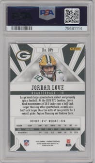 Jordan Love from the 2020 Panini Phoenix set featuring a Fire Burst parallel graded by PSA and given an overall grade of 9.