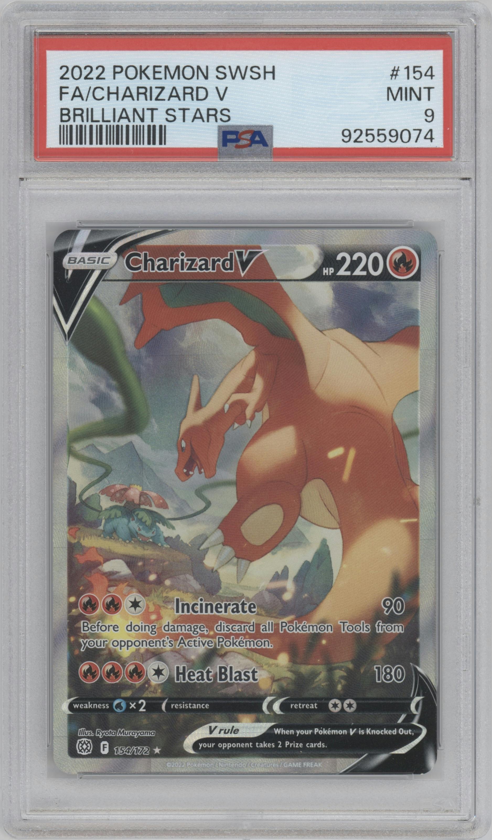 Charizard V from the 2022 Pokemon SWSH set graded by PSA and given an overall grade of 9.