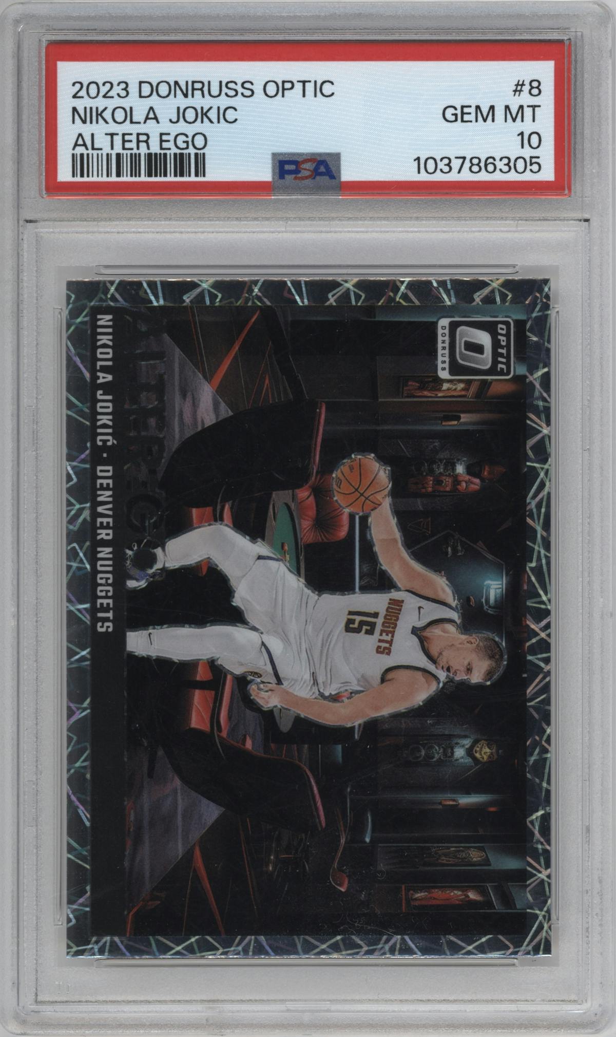 Nikola Jokic from the 2023-24 Donruss Optic set graded by PSA and given an overall grade of 10.