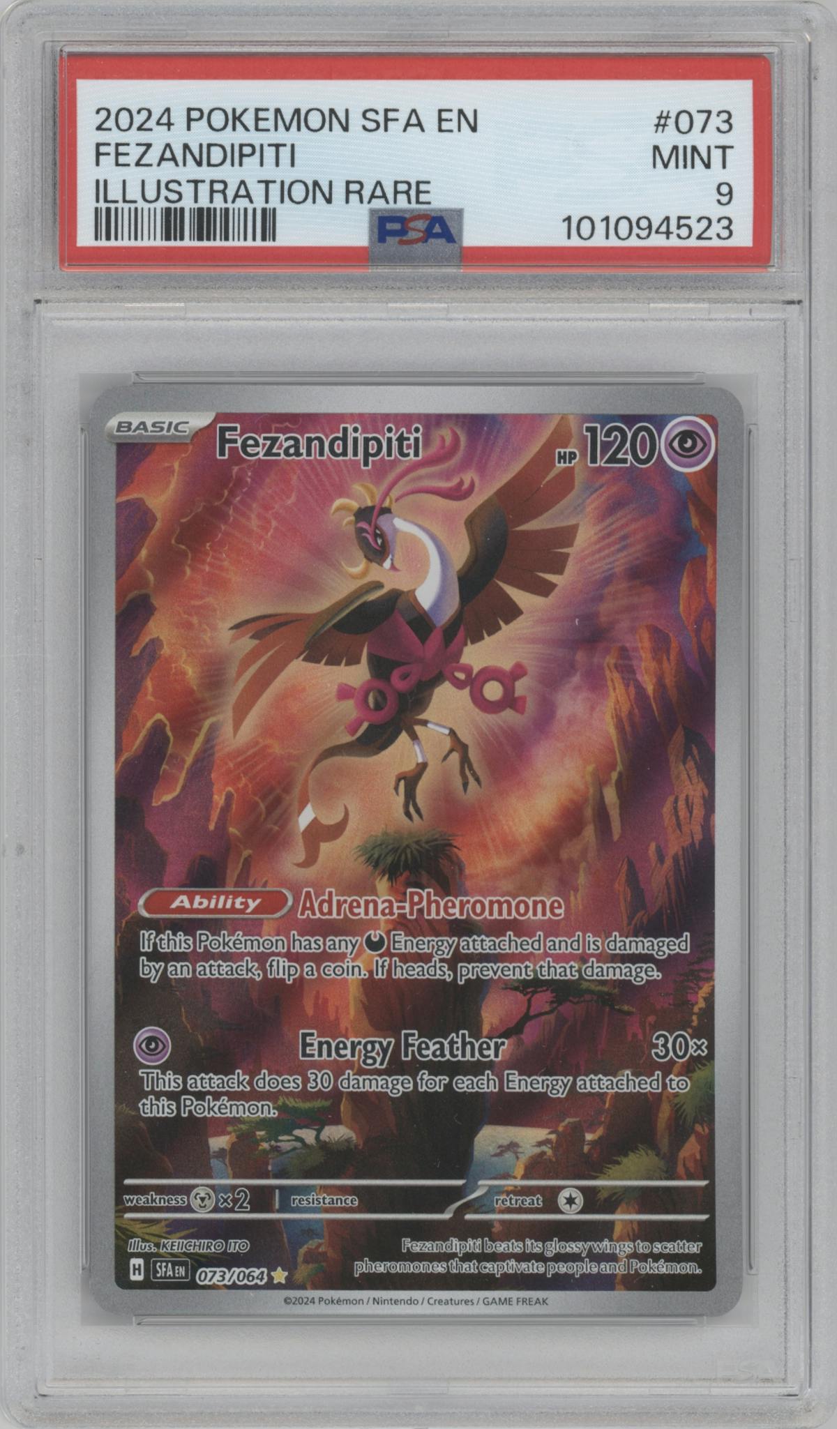 Fezandipiti from the 2024 Pokemon SV set graded by PSA and given an overall grade of 9.
