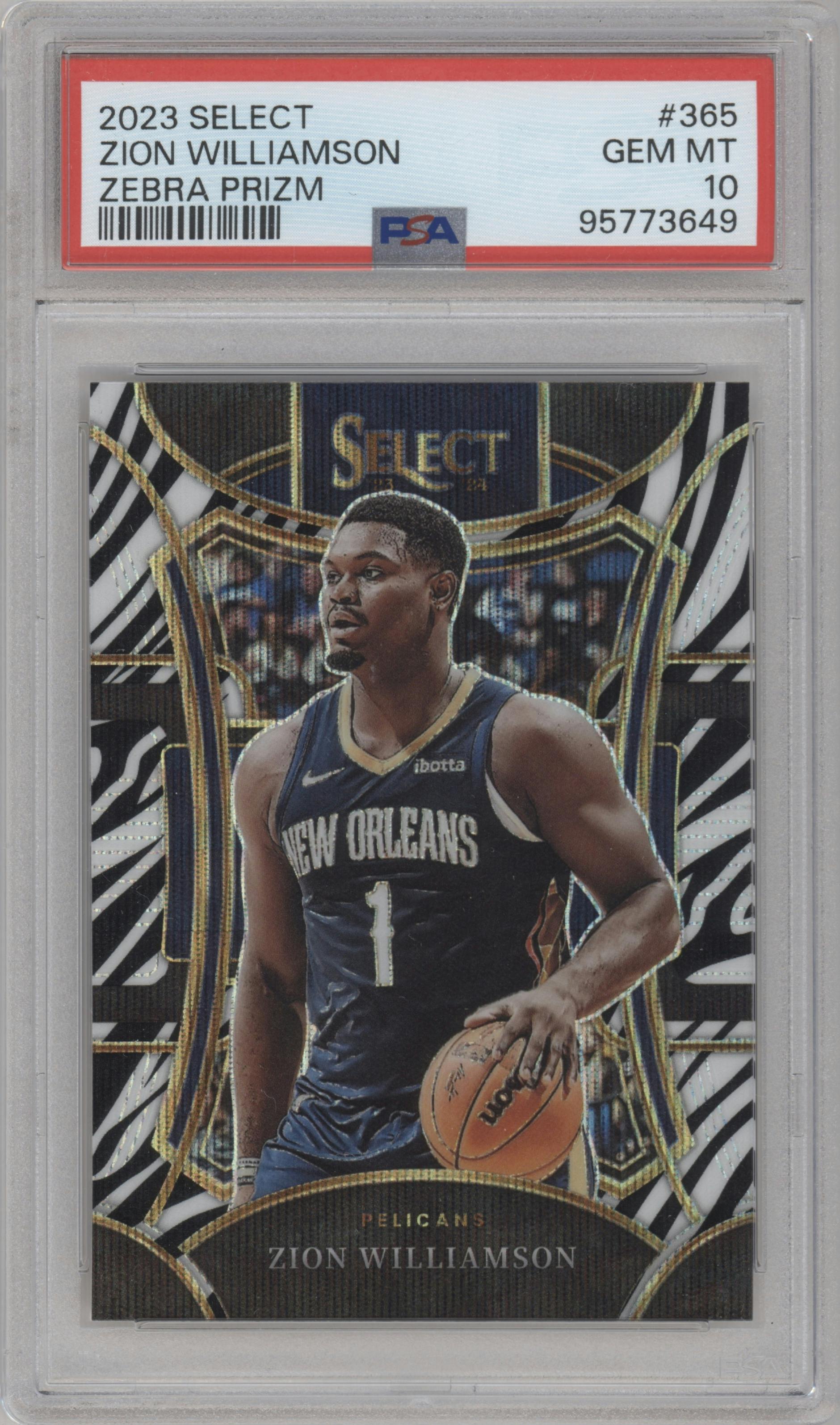 Zion Williamson from the 2023-24 Panini Select  set featuring a Zebra Prizm parallel graded by PSA and given an overall grade of 10.
