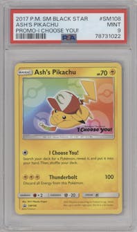 Ash's Pikachu from the 2017 Pokemon S&M set featuring a I Choose You! parallel graded by PSA and given an overall grade of 9.