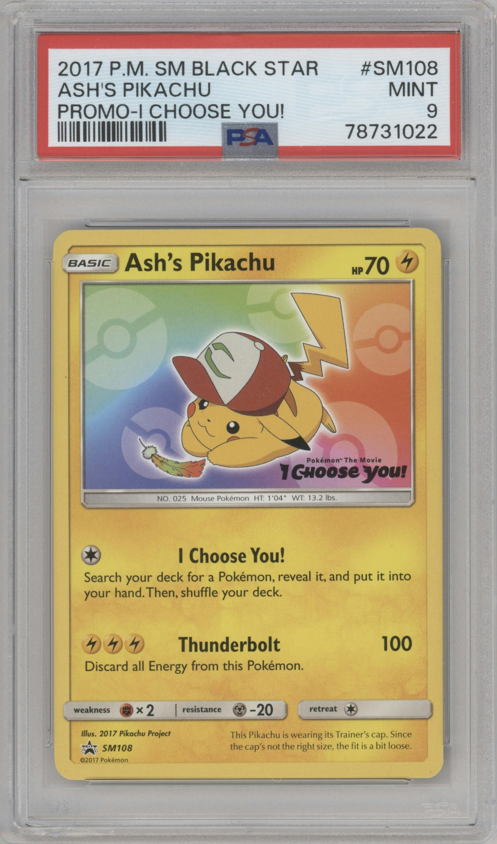 Ash's Pikachu from the 2017 Pokemon S&M set featuring a I Choose You! parallel graded by PSA and given an overall grade of 9.
