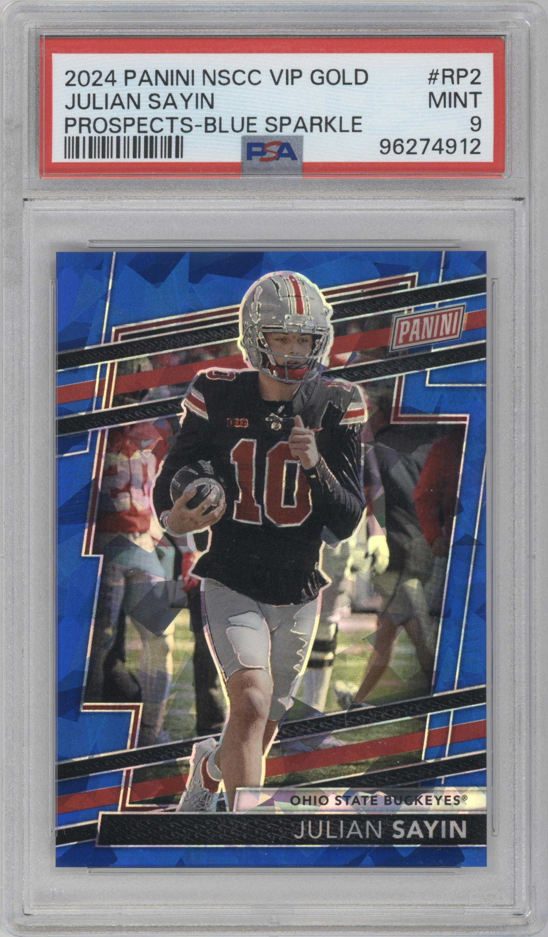 Julian Sayin from the 2024 Panini The National VIP set featuring a Blue Sparkle parallel graded by PSA and given an overall grade of 9.