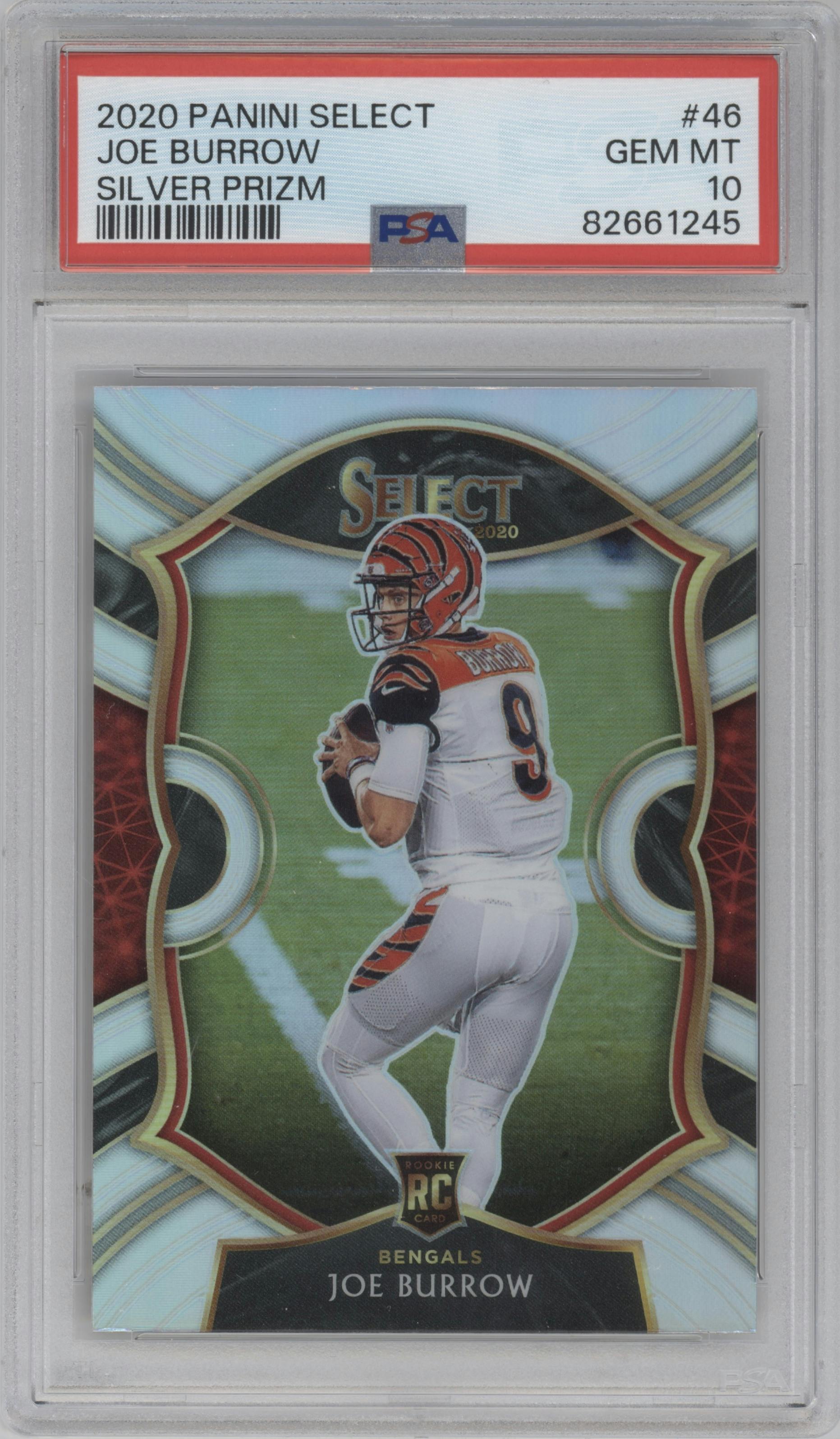 Joe Burrow from the 2020 Panini Select set featuring a Silver Prizm parallel graded by PSA and given an overall grade of 10.