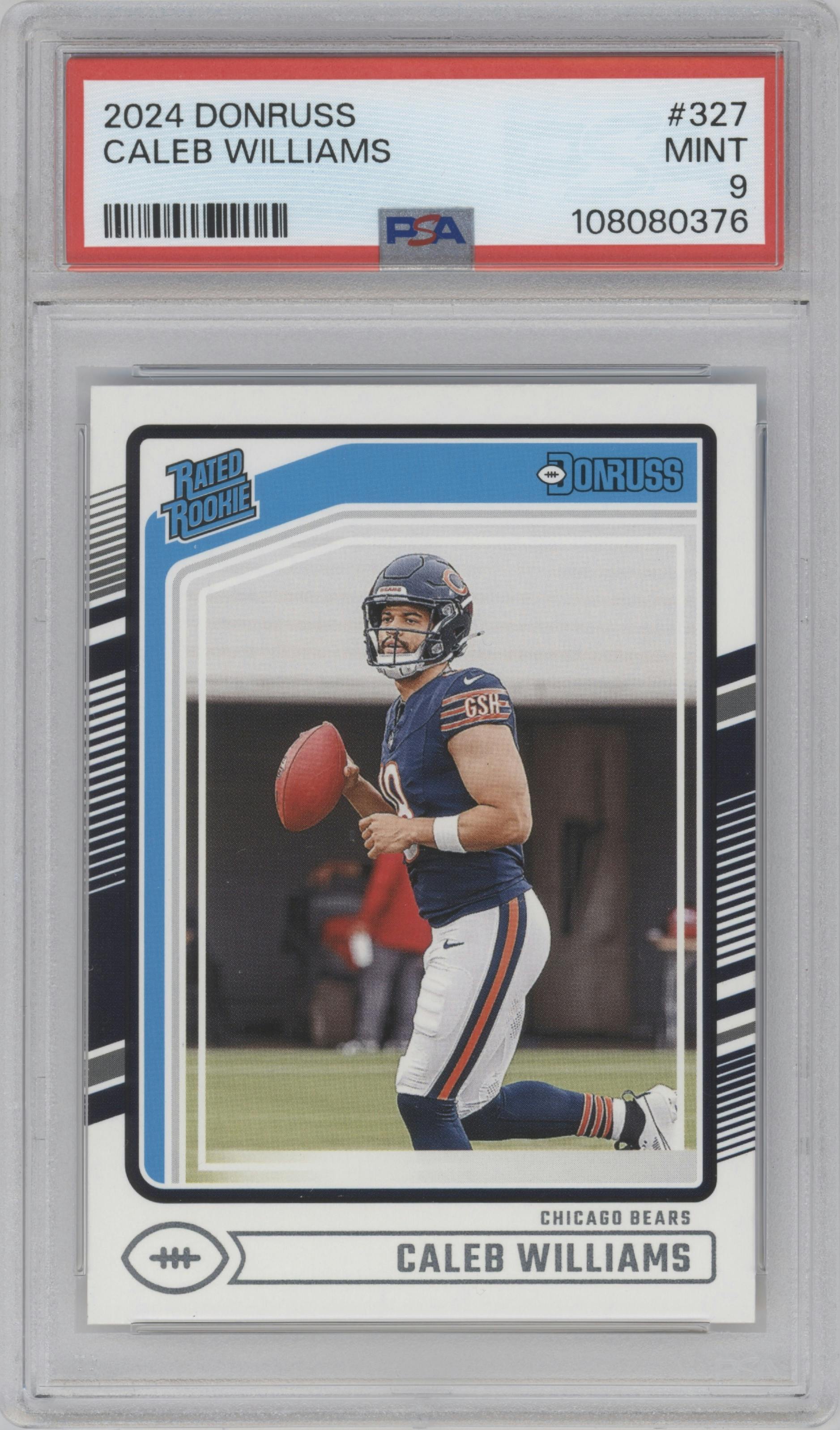 Caleb Williams from the 2024 Donruss set graded by PSA and given an overall grade of 9.