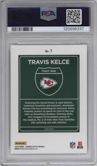 Travis Kelce from the 2024 Donruss Optic set graded by PSA and given an overall grade of 10.