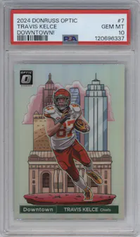 Travis Kelce from the 2024 Donruss Optic set graded by PSA and given an overall grade of 10.