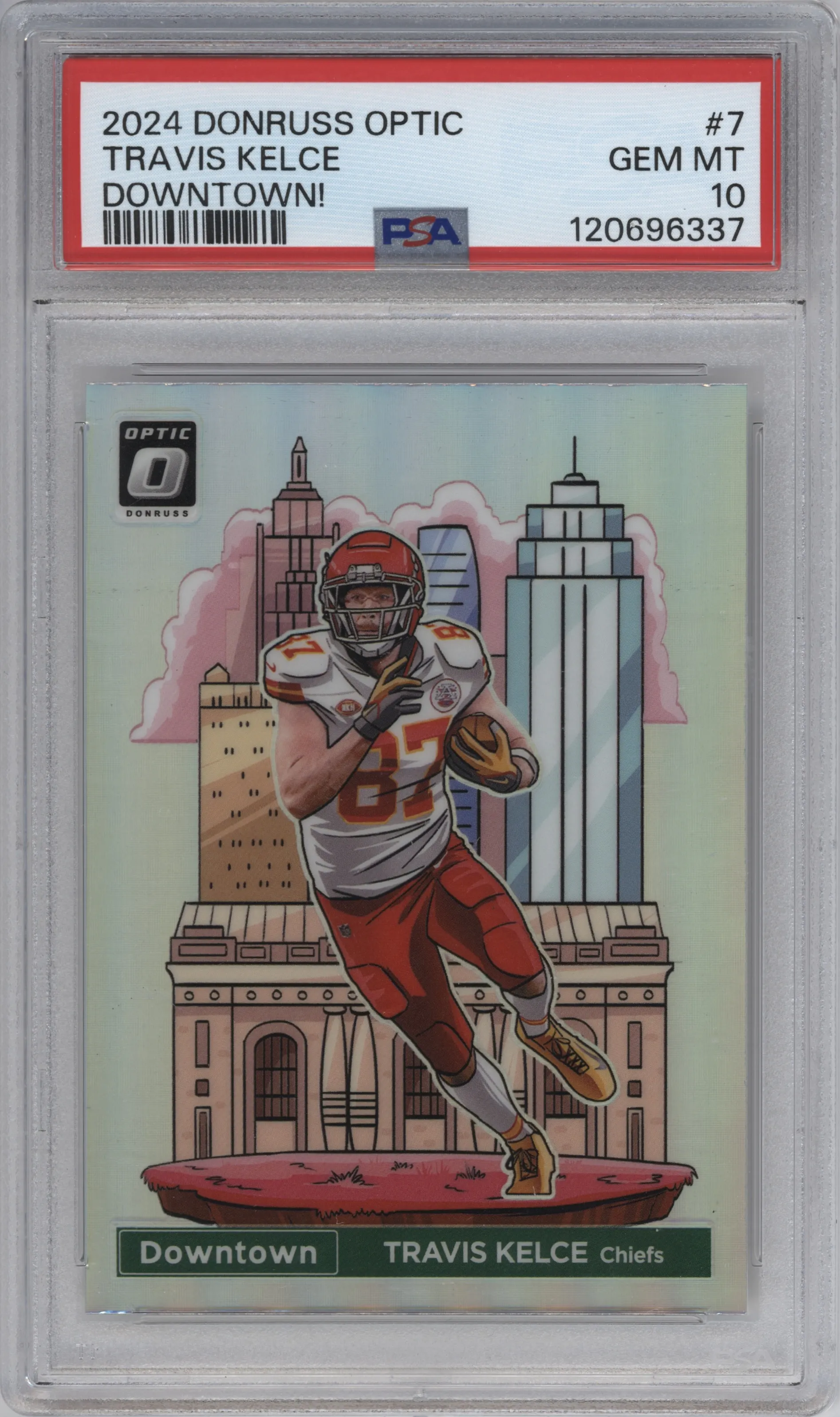 Travis Kelce from the 2024 Donruss Optic set graded by PSA and given an overall grade of 10.