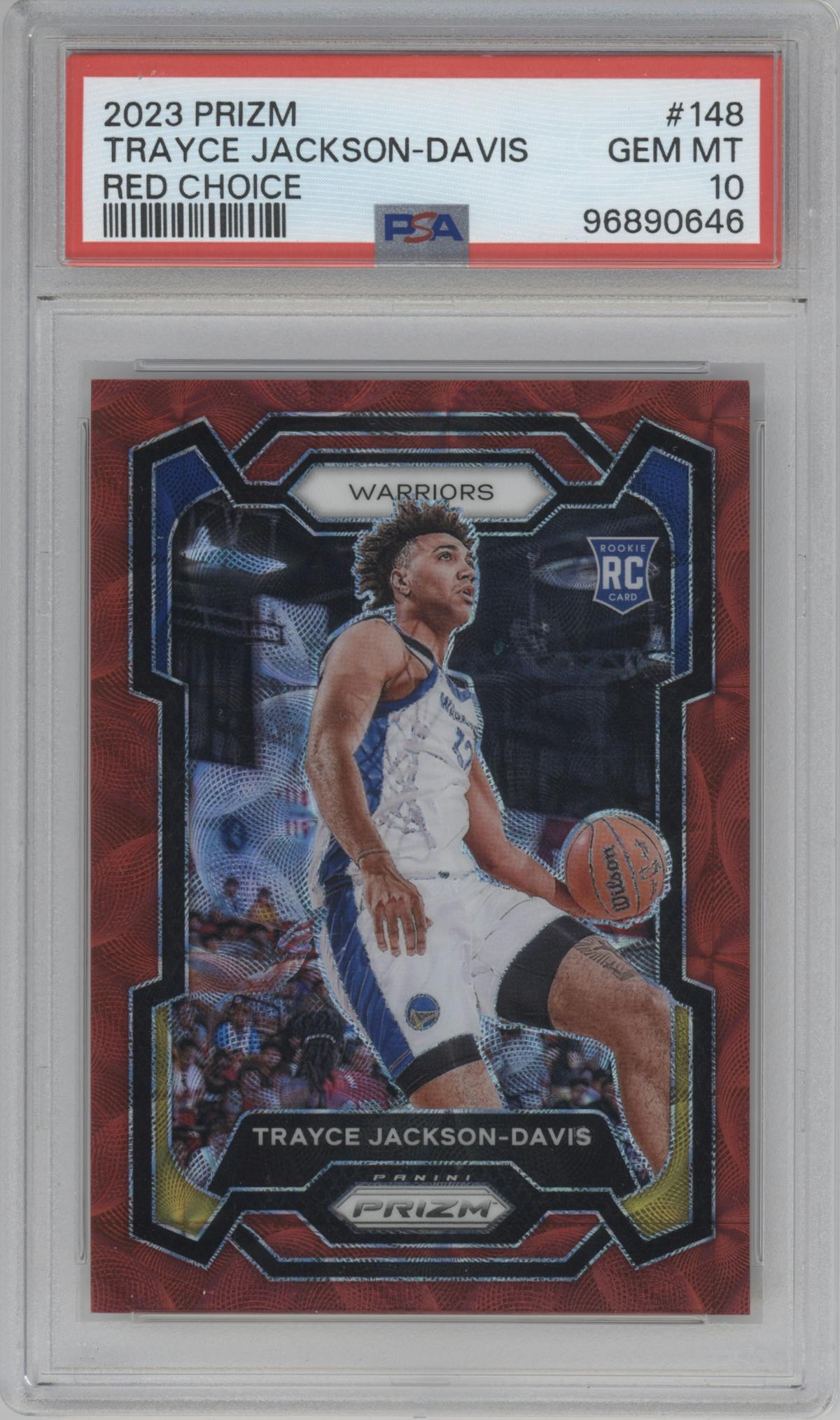 Trayce Jackson-Davis from the 2023-24 Panini Prizm set featuring a Choice Red parallel graded by PSA and given an overall grade of 10.