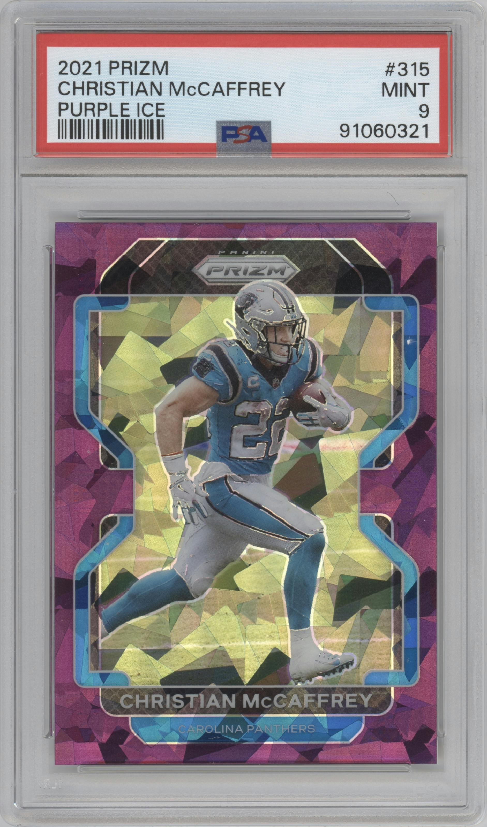 Christian McCaffrey from the 2021 Panini Prizm set featuring a Purple Ice parallel graded by PSA and given an overall grade of 9.