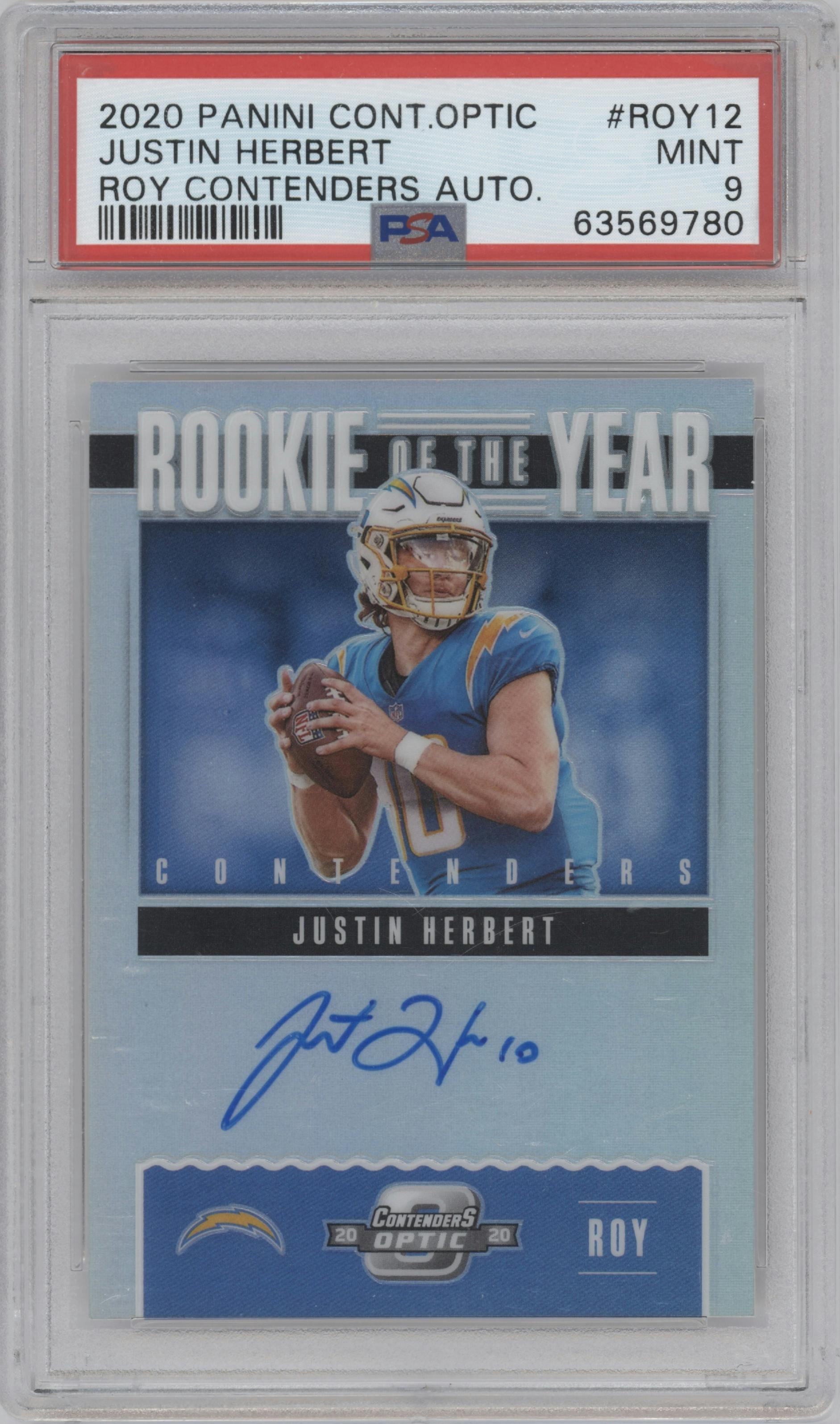 Justin Herbert from the 2020 Panini Contenders Optic set graded by PSA and given an overall grade of 9.