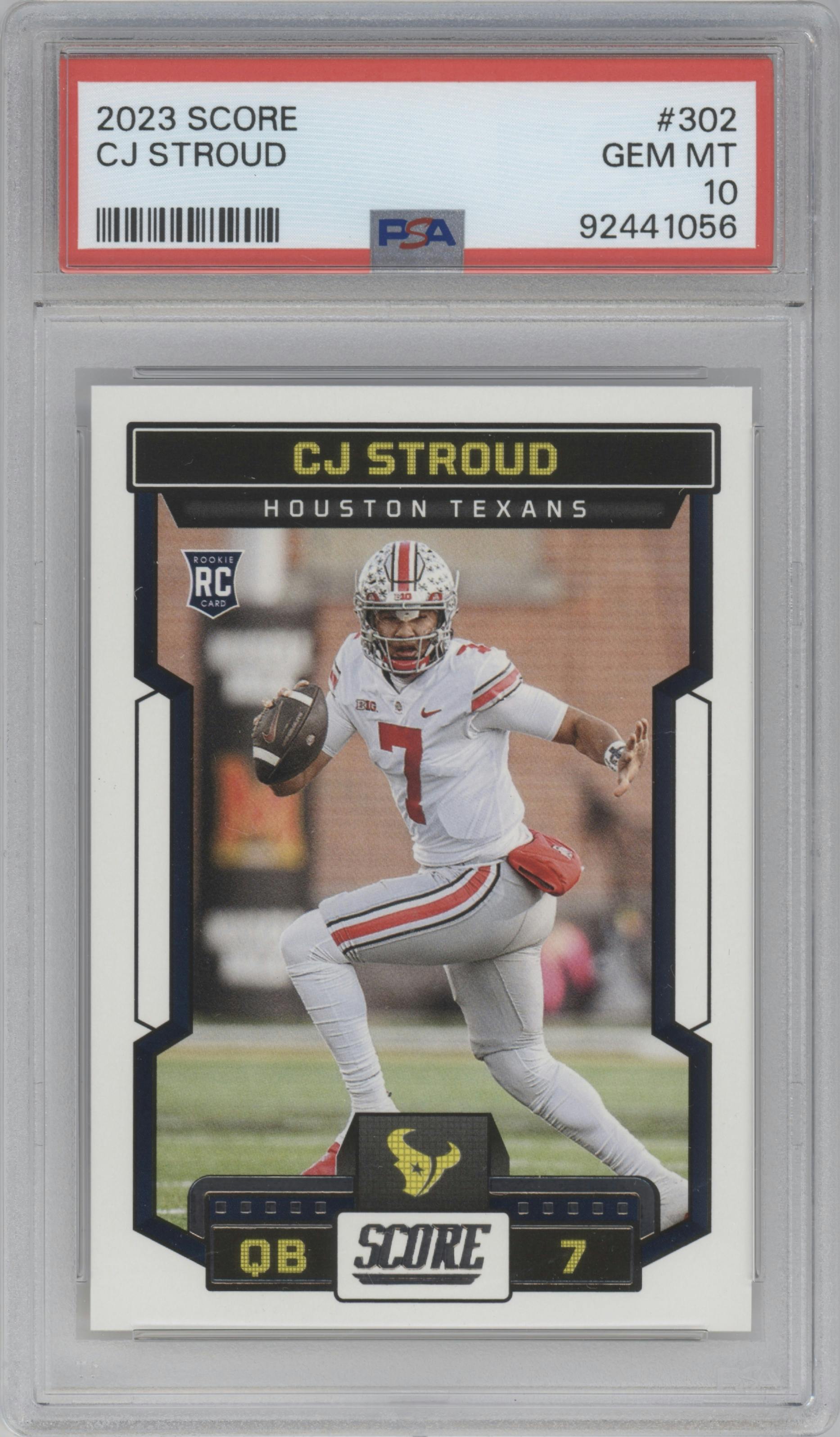 CJ Stroud from the 2023 Panini Score set graded by PSA and given an overall grade of 10.