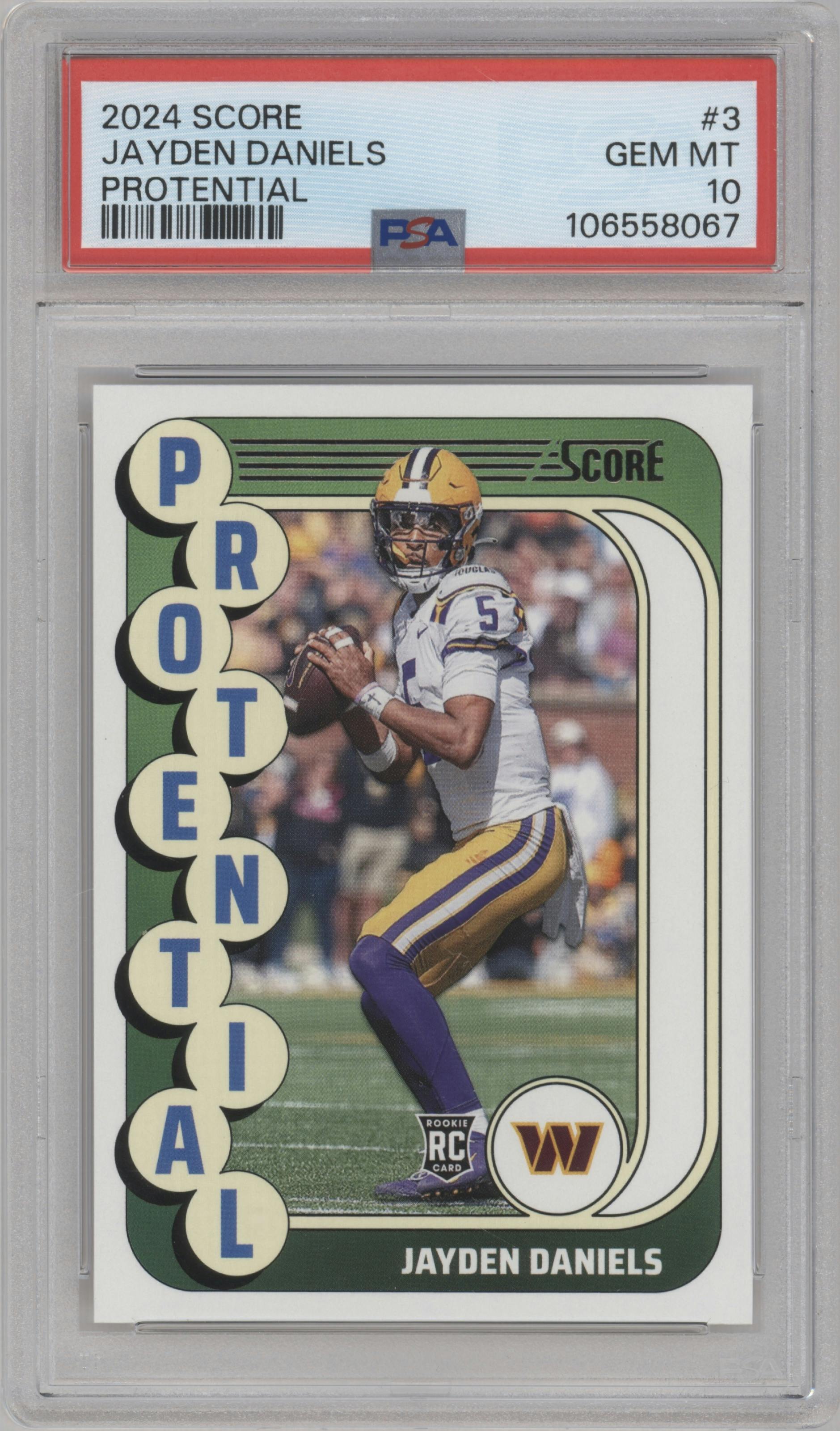 Jayden Daniels from the 2024 Panini Score set graded by PSA and given an overall grade of 10.