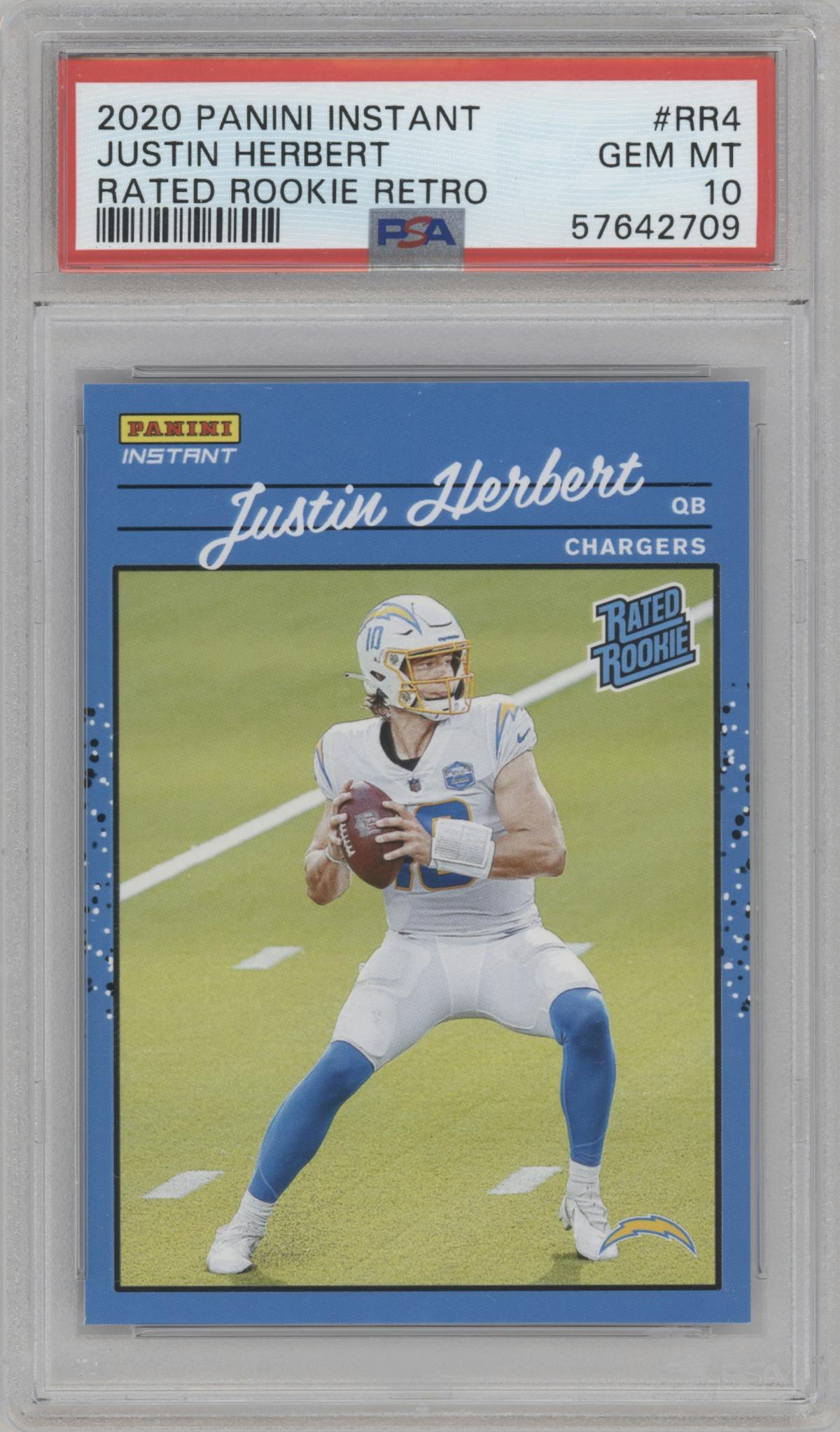 Justin Herbert from the 2020 Panini Instant NFL set graded by PSA and given an overall grade of 10.