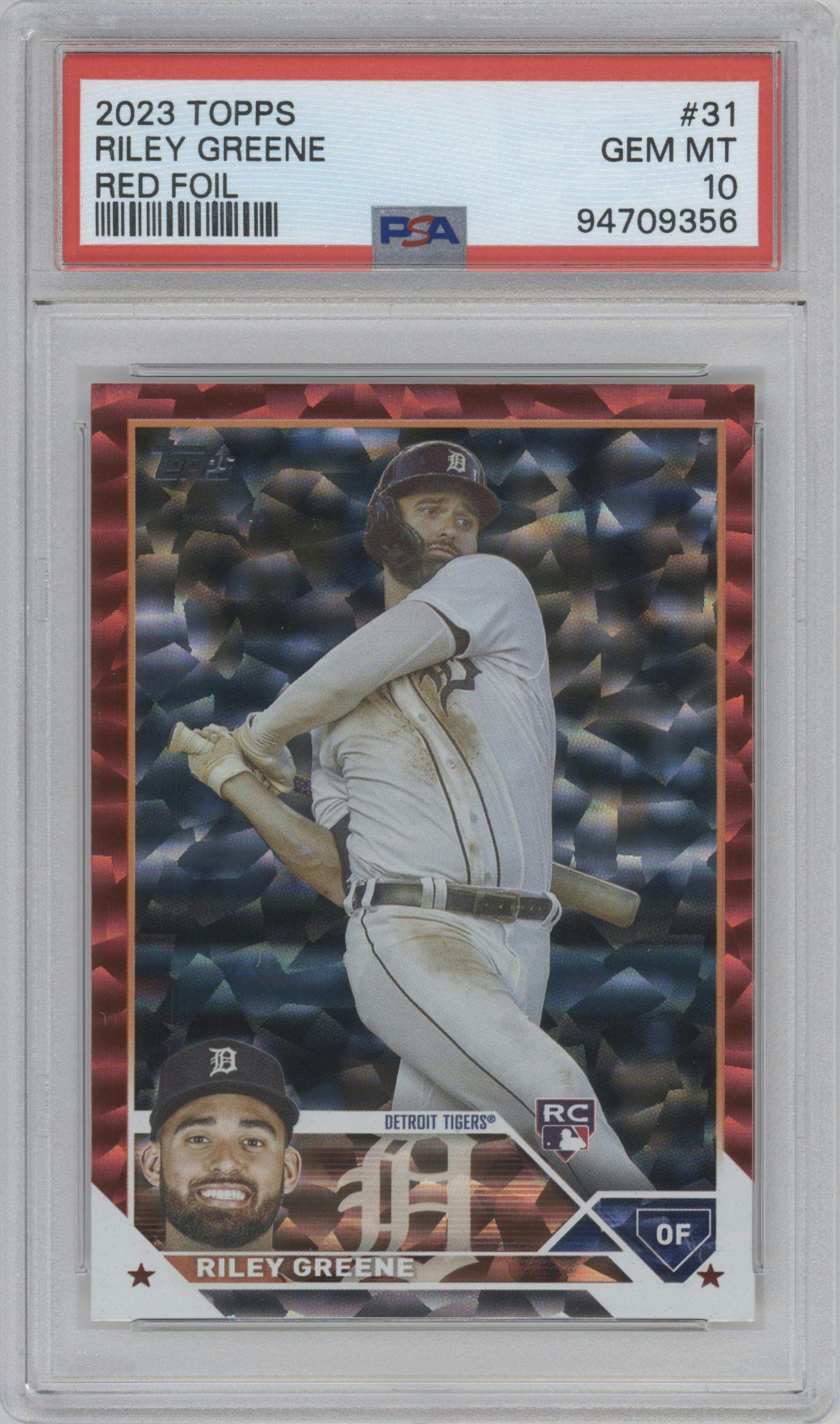Riley Greene from the 2023 Topps Series 1 set featuring a Red Foil parallel graded by PSA and given an overall grade of 10.