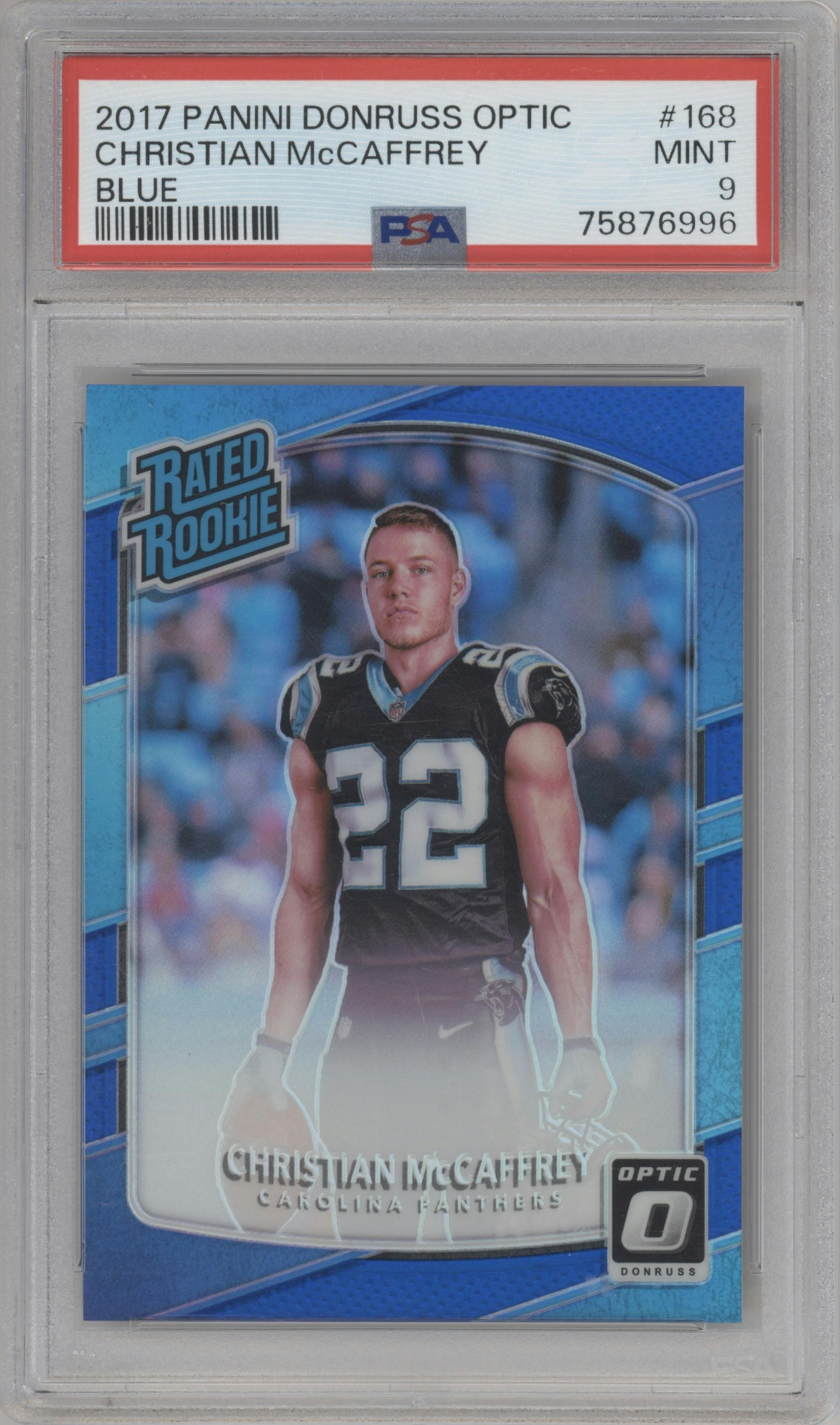 Christian McCaffrey from the 2017 Panini Donruss Optic set featuring a Blue parallel graded by PSA and given an overall grade of 9.