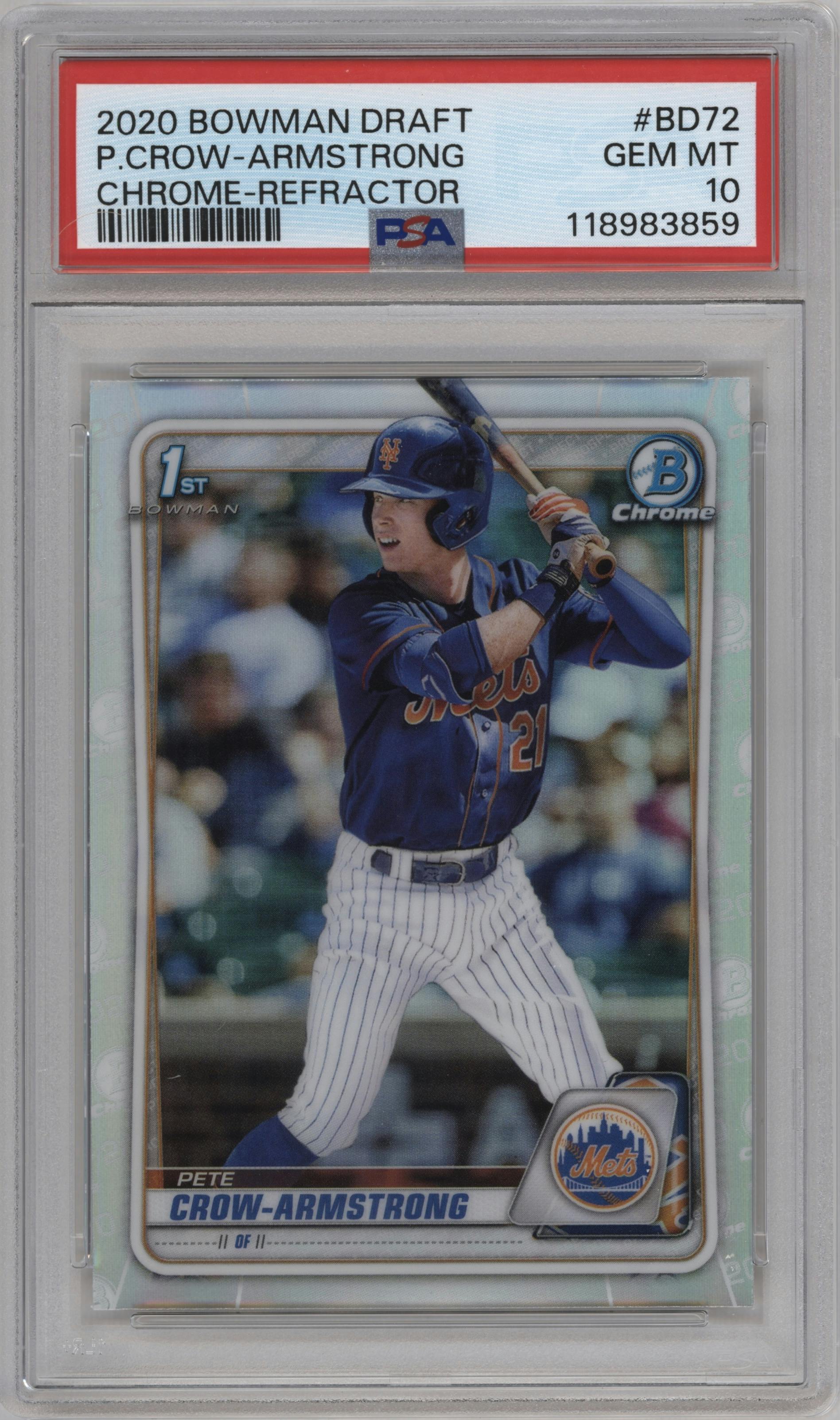 Pete Crow-Armstrong from the 2020 Bowman Draft set featuring a Refractor parallel graded by PSA and given an overall grade of 10.