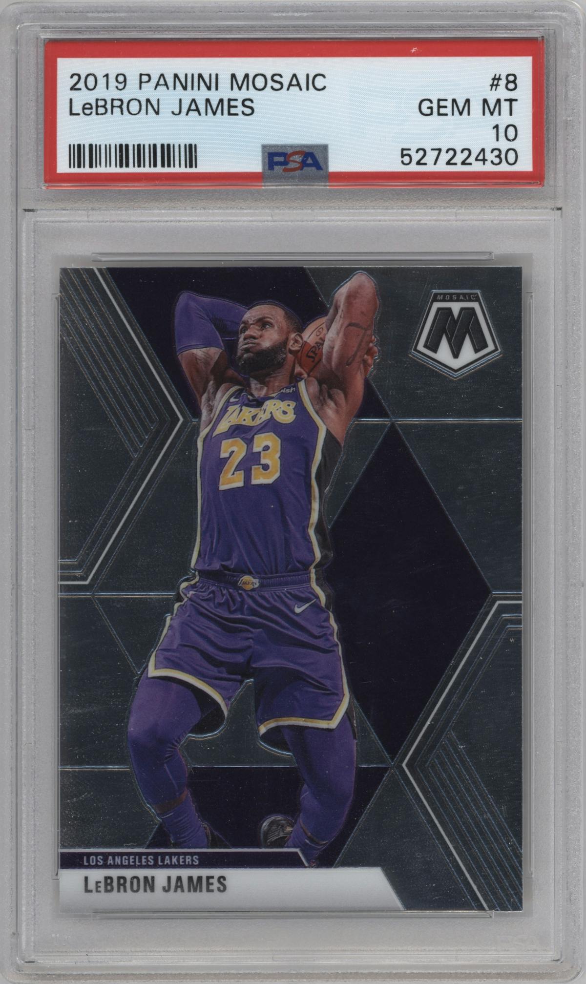 LeBron James from the 2019-20 Panini Mosaic  set graded by PSA and given an overall grade of 10.