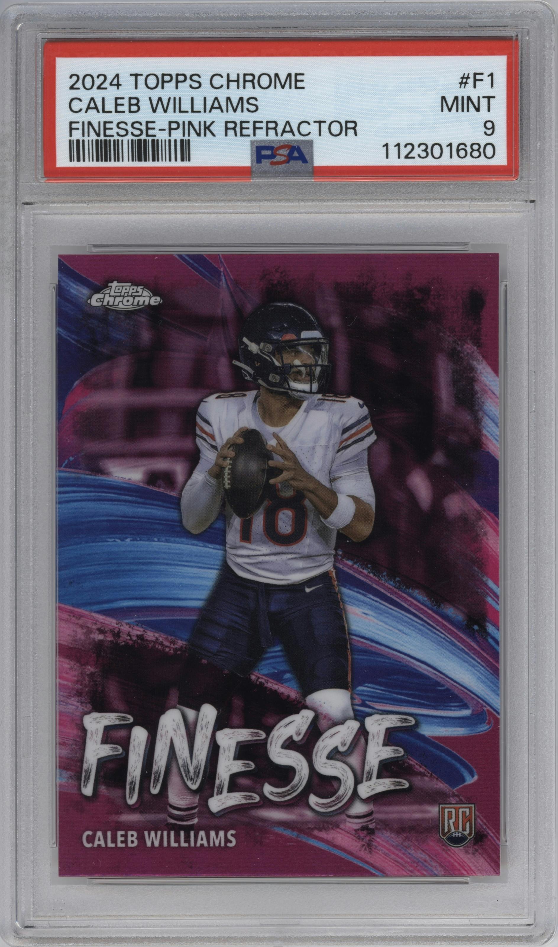 Caleb Williams from the 2024 Topps Chrome set featuring a Pink Refractor parallel graded by PSA and given an overall grade of 9.