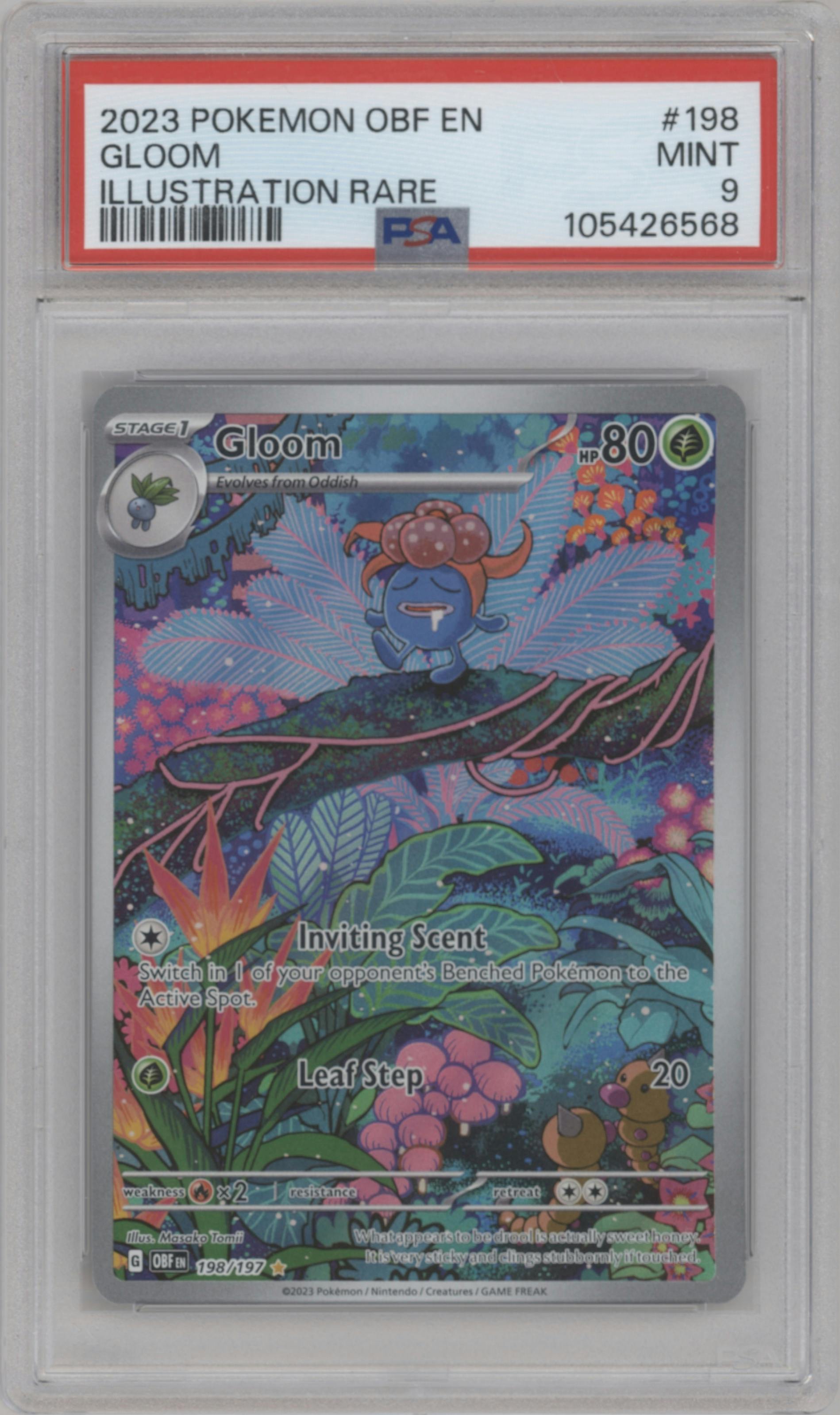 Gloom from the 2023 Pokemon SV set graded by PSA and given an overall grade of 9.