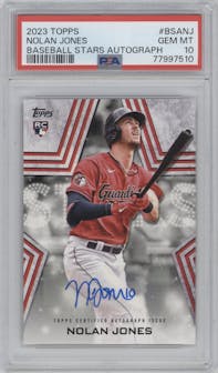 Nolan Jones from the 2023 Topps Series 1 set graded by PSA and given an overall grade of 10.