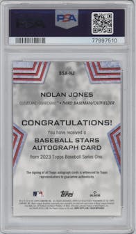Nolan Jones from the 2023 Topps Series 1 set graded by PSA and given an overall grade of 10.