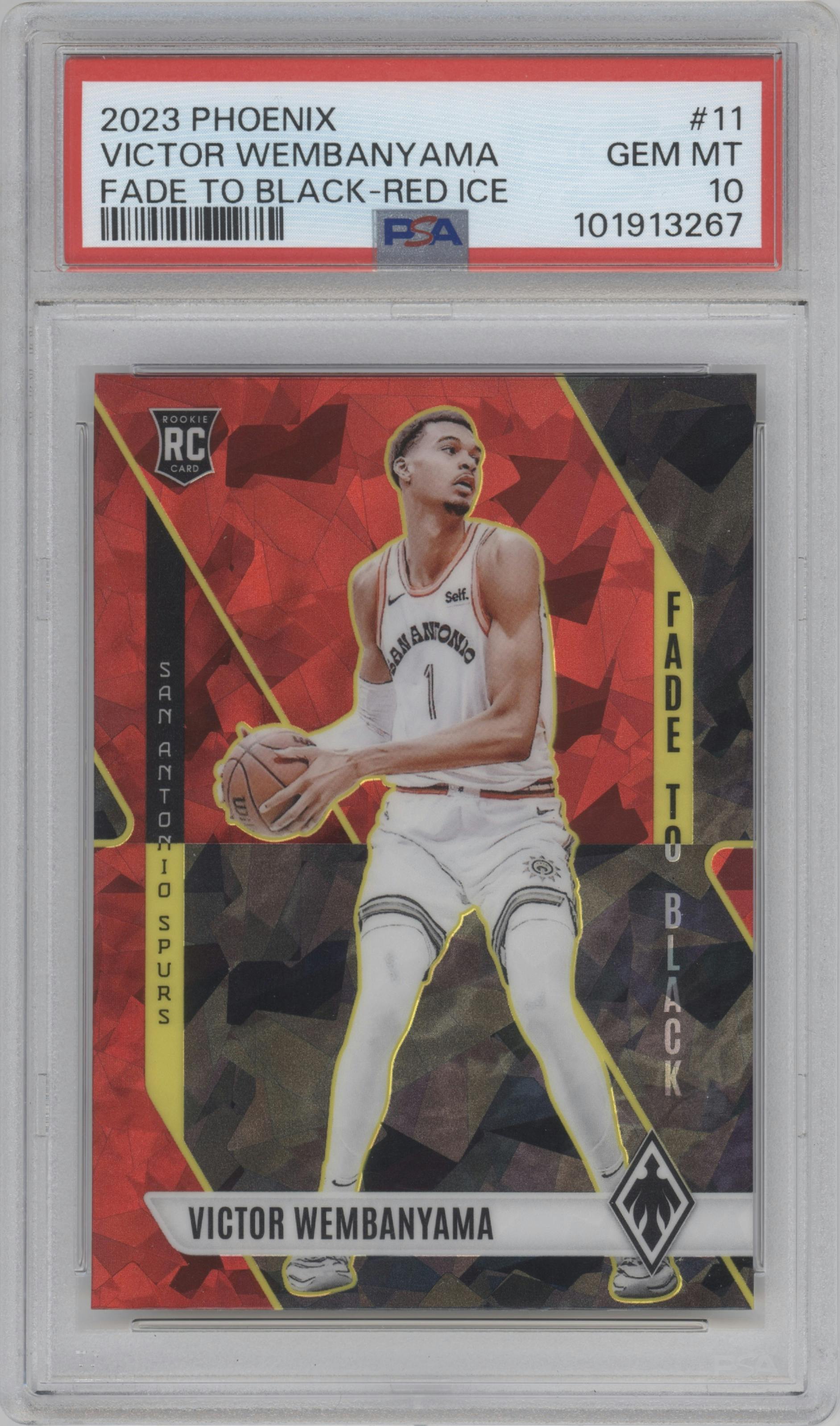 Victor Wembanyama from the 2023-24 Panini Phoenix set featuring a Red Ice parallel graded by PSA and given an overall grade of 10.