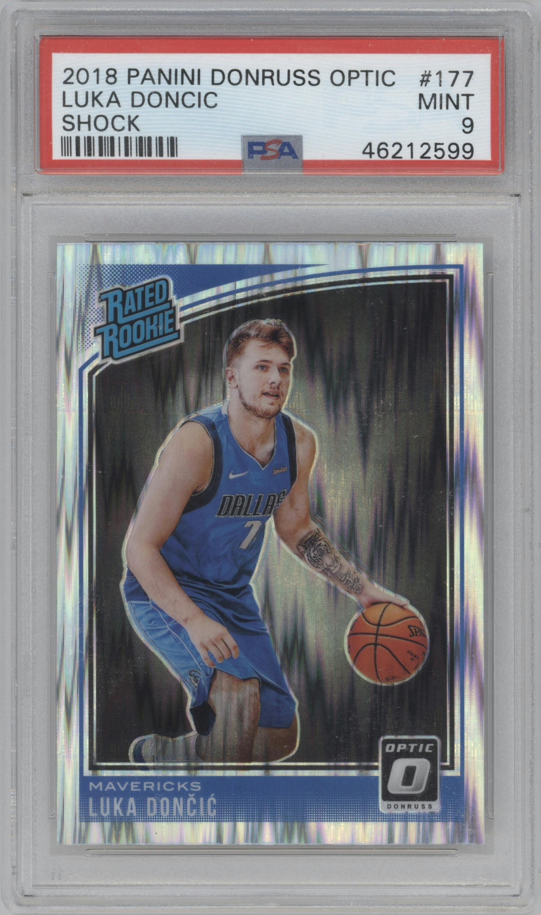 Luka Doncic from the 2018-19 Panini Donruss Optic set featuring a Shock parallel graded by PSA and given an overall grade of 9.