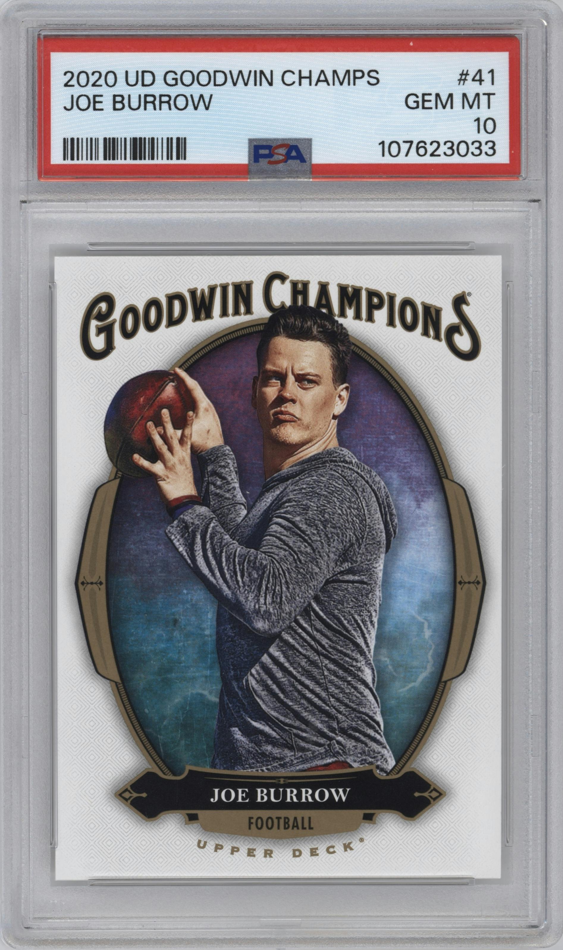 Joe Burrow from the 2020 UD Goodwin Champions set graded by PSA and given an overall grade of 10.