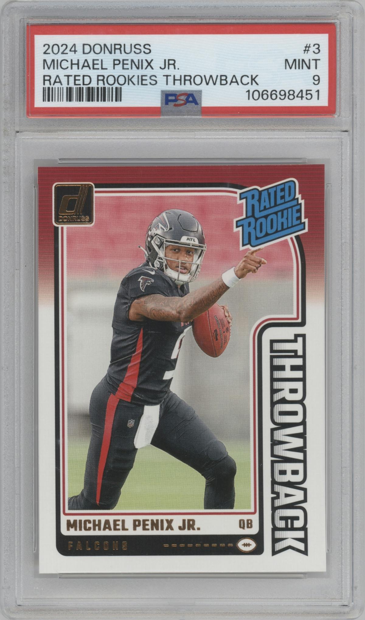 Michael Penix Jr. from the 2024 Donruss set graded by PSA and given an overall grade of 9.