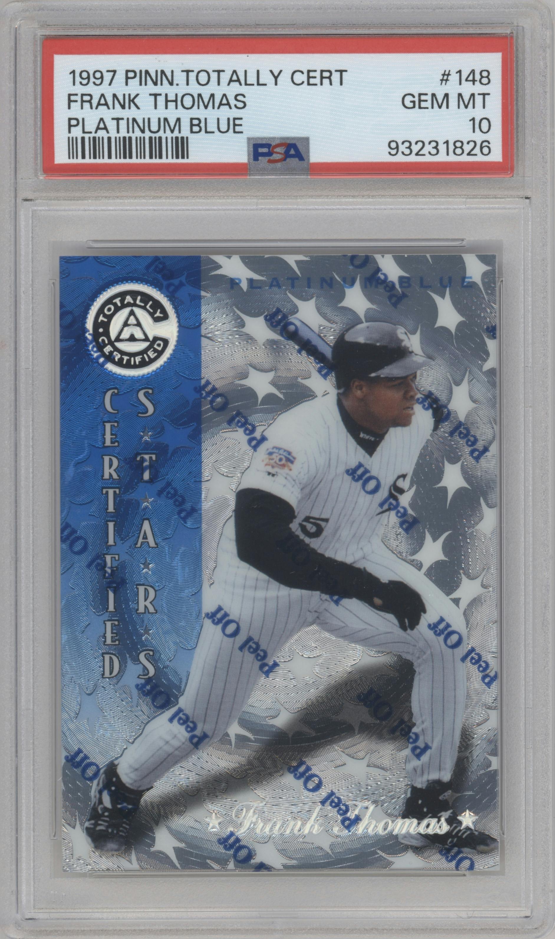Frank Thomas  from the 1997 Pinnacle Totally Certified set featuring a W/ Coating Platinum Blue parallel graded by PSA and given an overall grade of 10.