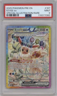 Eevee ex from the 2025 Pokemon SV set graded by PSA and given an overall grade of 9.