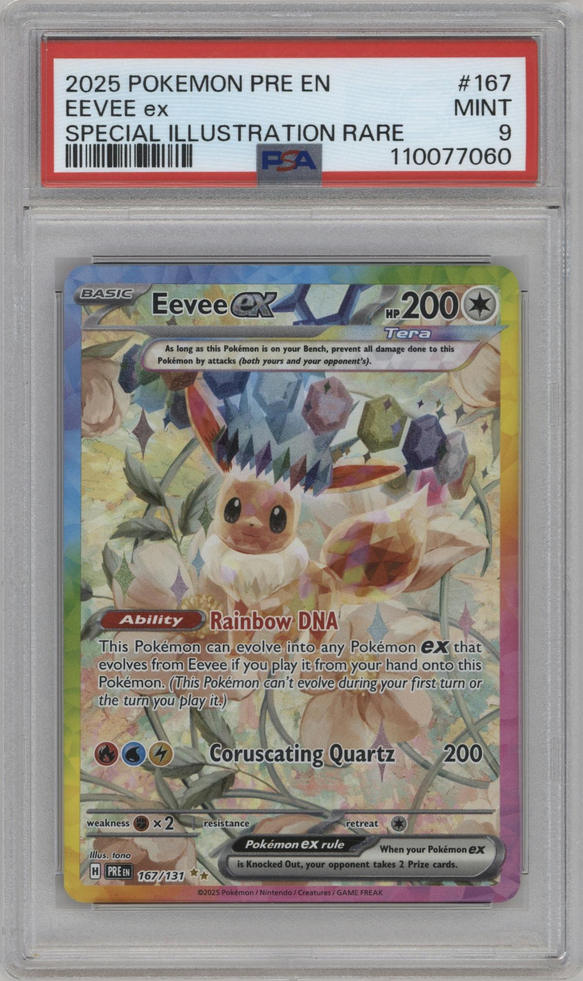 Eevee ex from the 2025 Pokemon SV set graded by PSA and given an overall grade of 9.