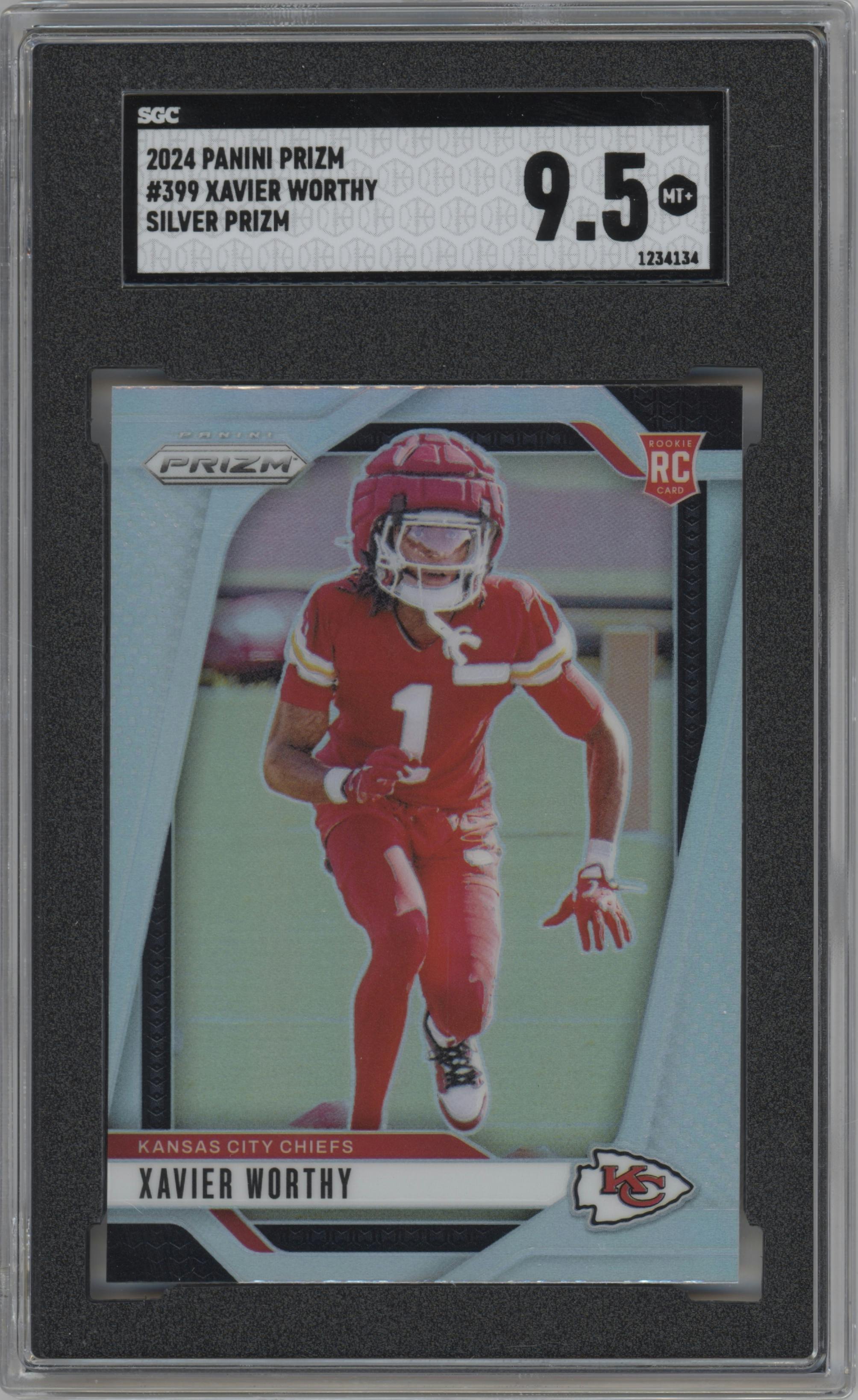 Xavier Worthy from the 2024 Panini Prizm set featuring a Silver Prizm parallel graded by SGC and given an overall grade of 9.5.