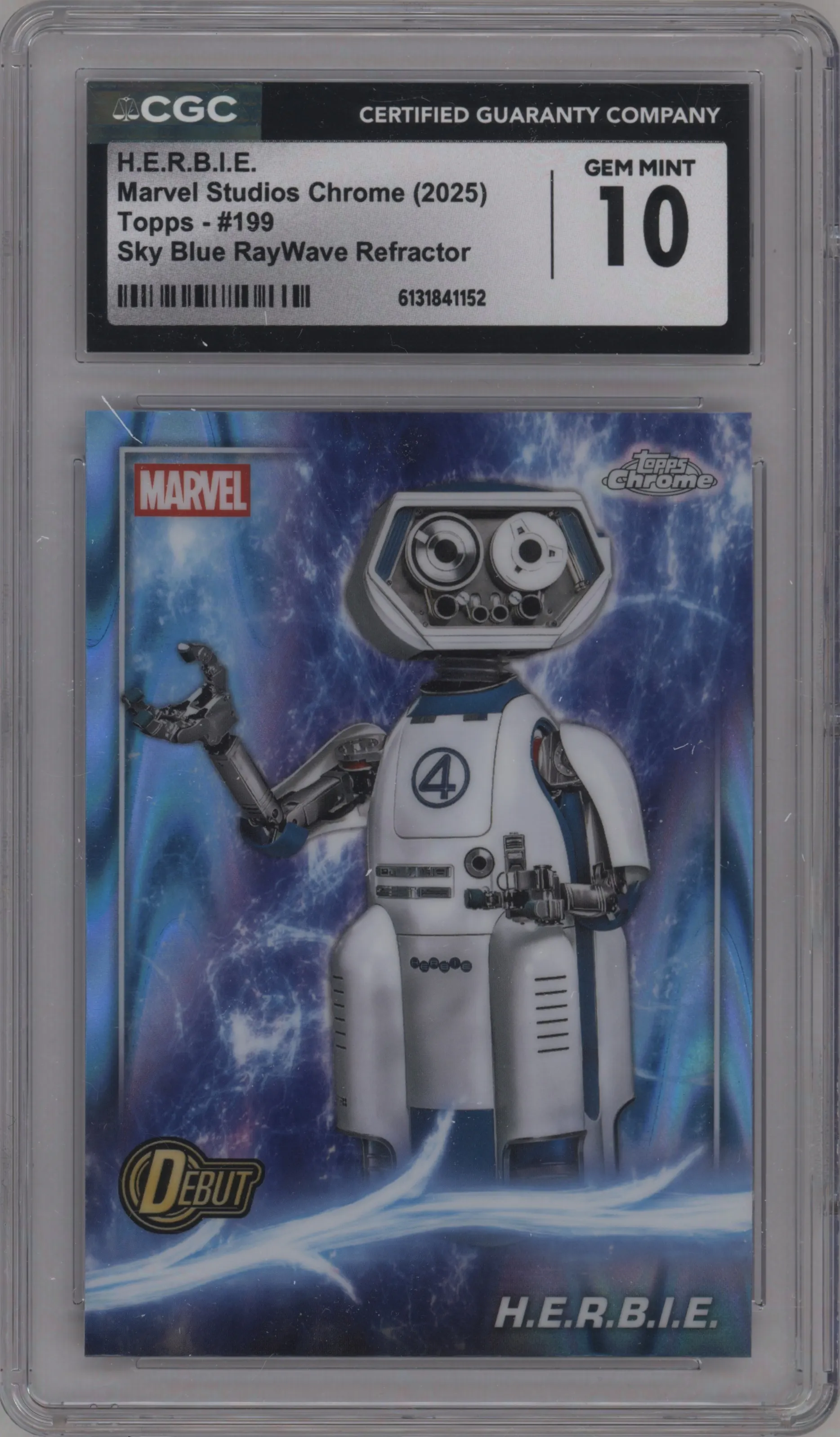 2025 Topps Chrome Marvel Studios H.E.R.B.I.E. Sky Blue RayWave Refractor CGC 10