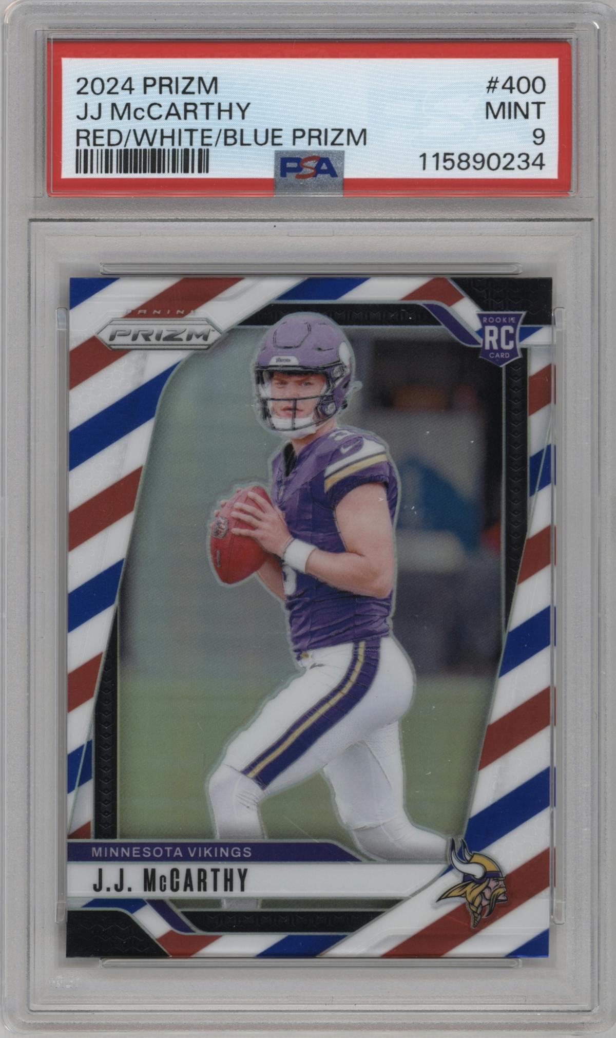 J.J. McCarthy from the 2024 Panini Prizm set featuring a Red White Blue Prizm parallel graded by PSA and given an overall grade of 9.