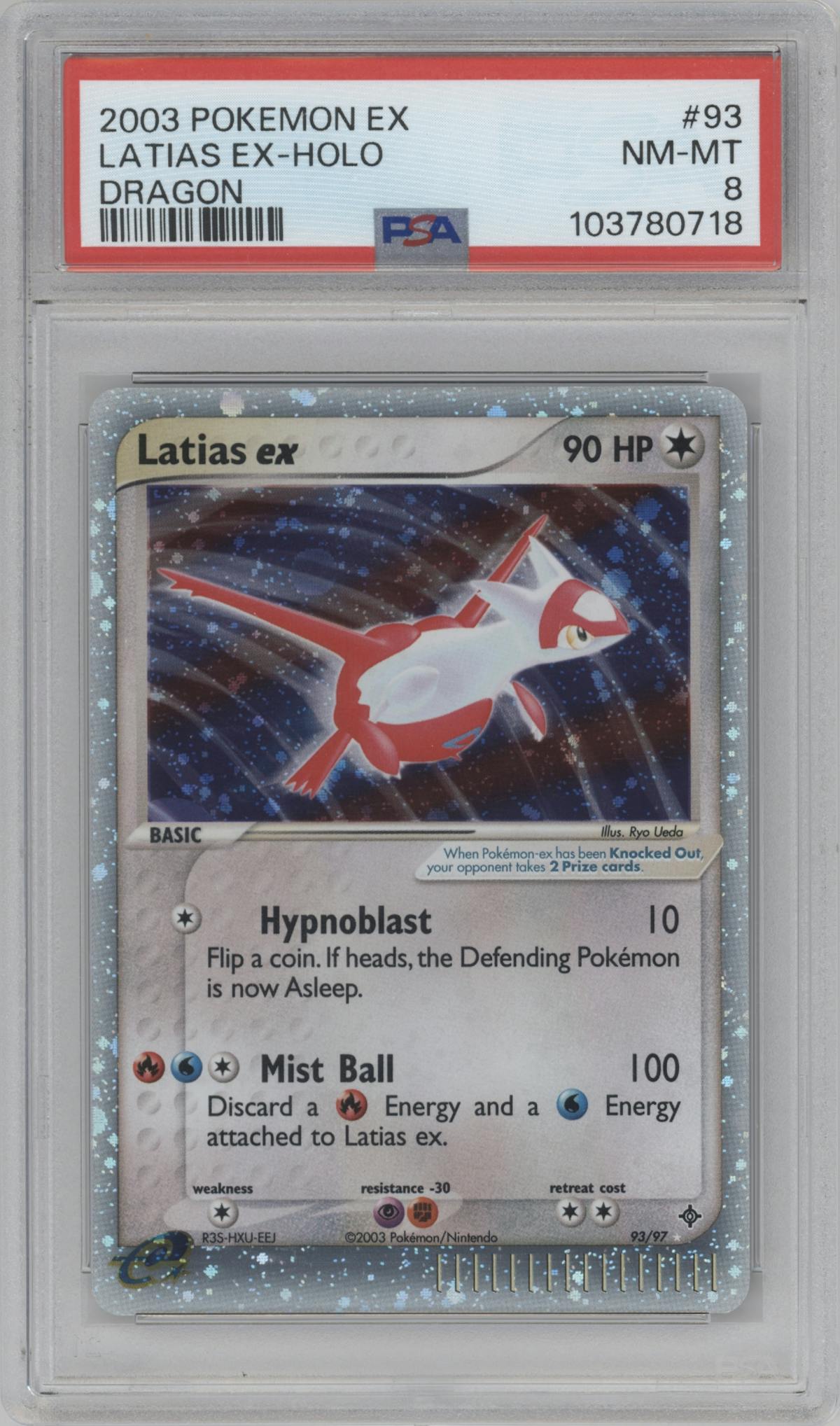 Latias ex from the 2003 Pokemon EX set graded by PSA and given an overall grade of 8.