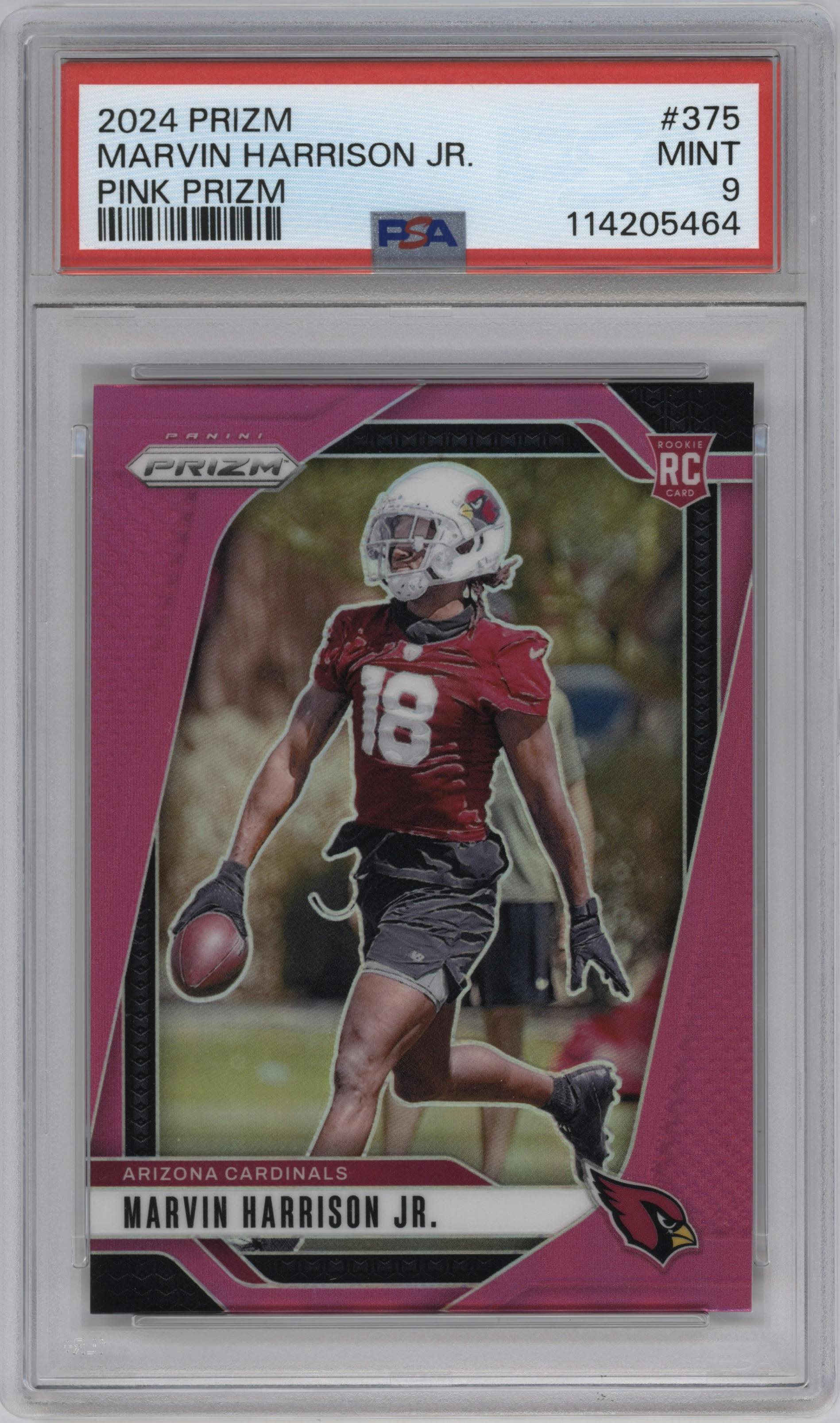 Marvin Harrison Jr. from the 2024 Panini Prizm set featuring a Pink Prizm parallel graded by PSA and given an overall grade of 9.