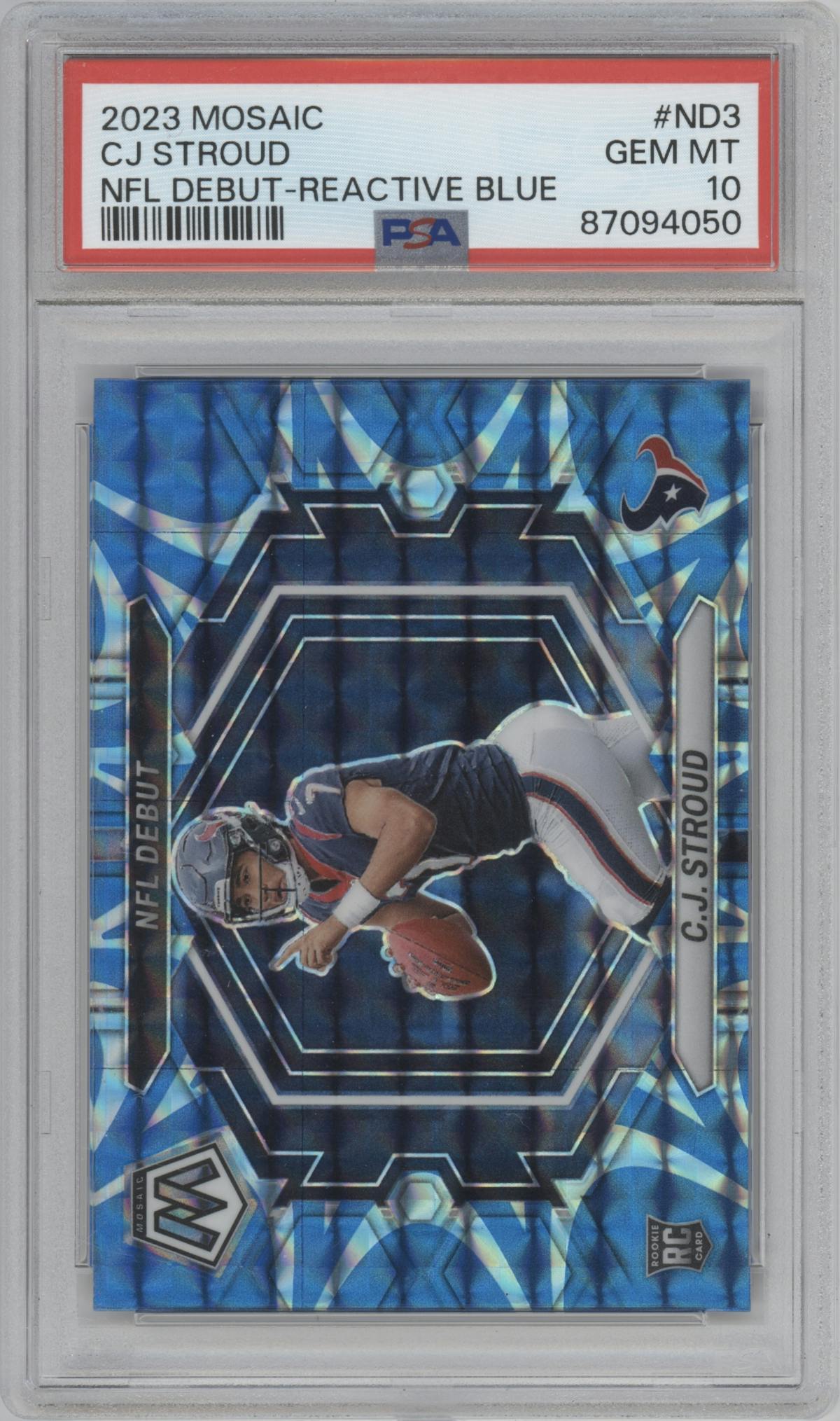 C.J. Stroud  from the 2023 Panini Mosaic set featuring a Reactive Blue parallel graded by PSA and given an overall grade of 10.