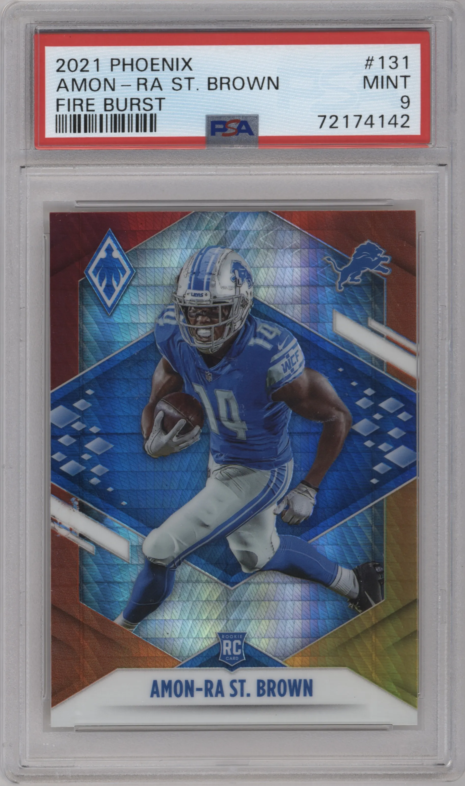 Amon-Ra St. Brown from the 2021 Panini Phoenix set featuring a Fire Burst parallel graded by PSA and given an overall grade of 9.