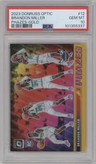 Brandon Miller from the 2023-24 Donruss Optic set featuring a Gold parallel graded by PSA and given an overall grade of 10.