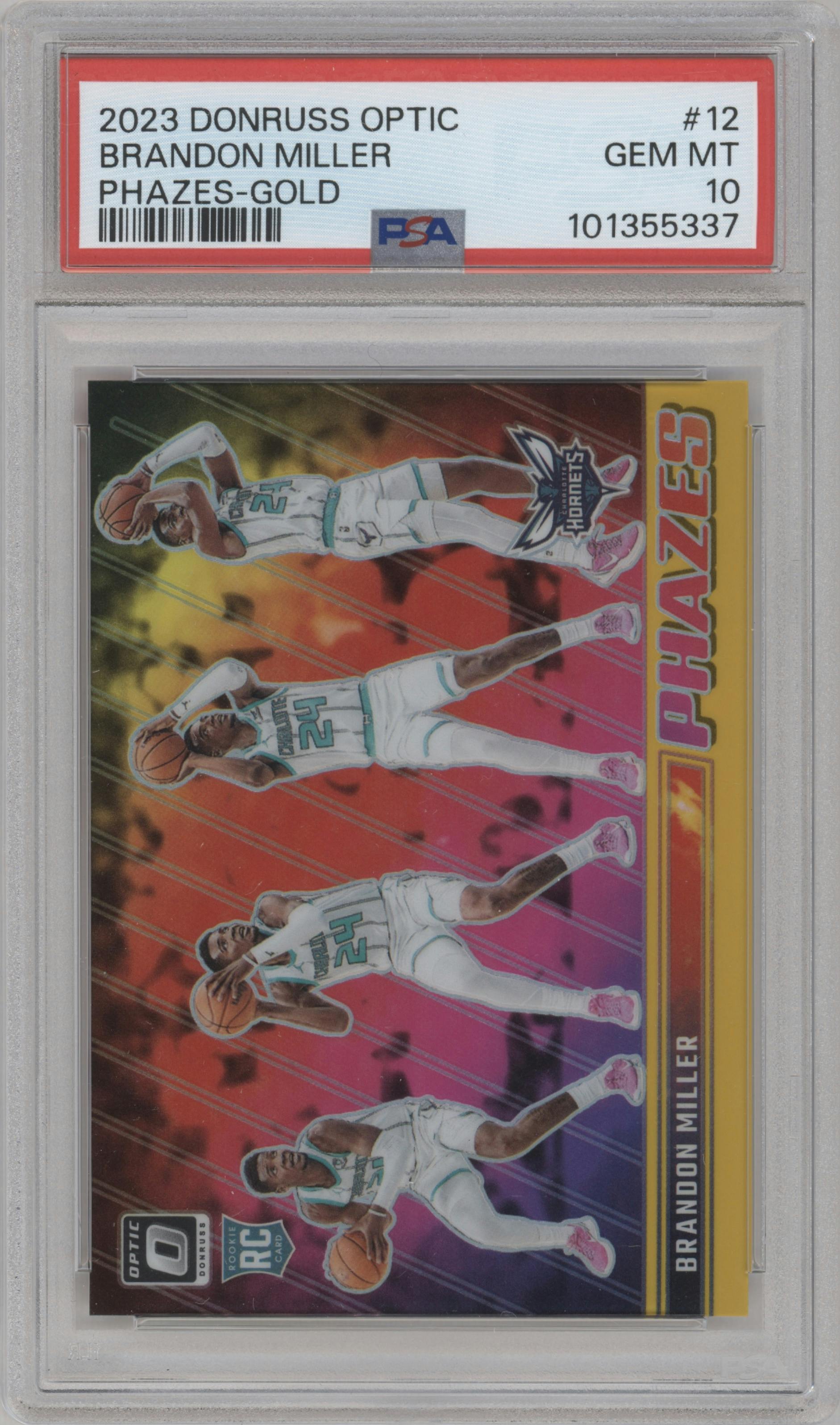 Brandon Miller from the 2023-24 Donruss Optic set featuring a Gold parallel graded by PSA and given an overall grade of 10.