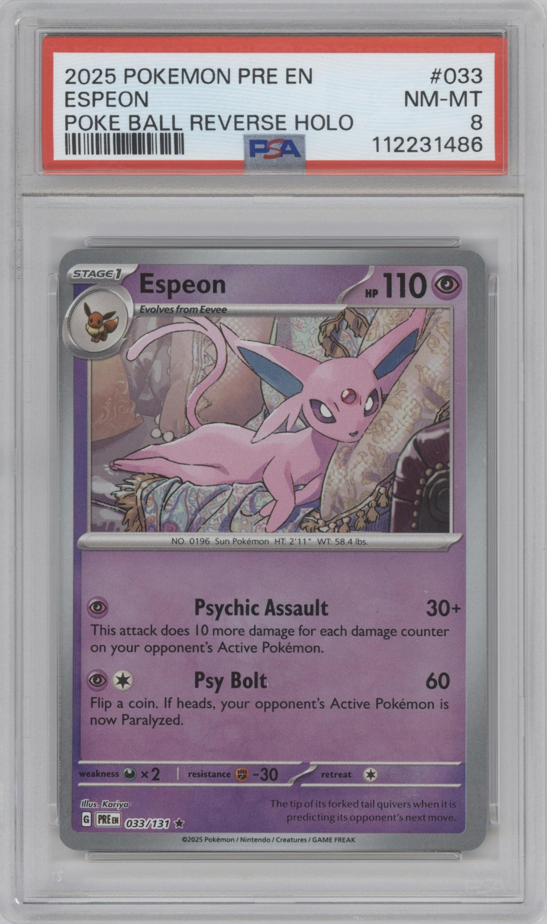 Espeon from the 2025 Pokemon SV set featuring a Poke Ball parallel graded by PSA and given an overall grade of 8.