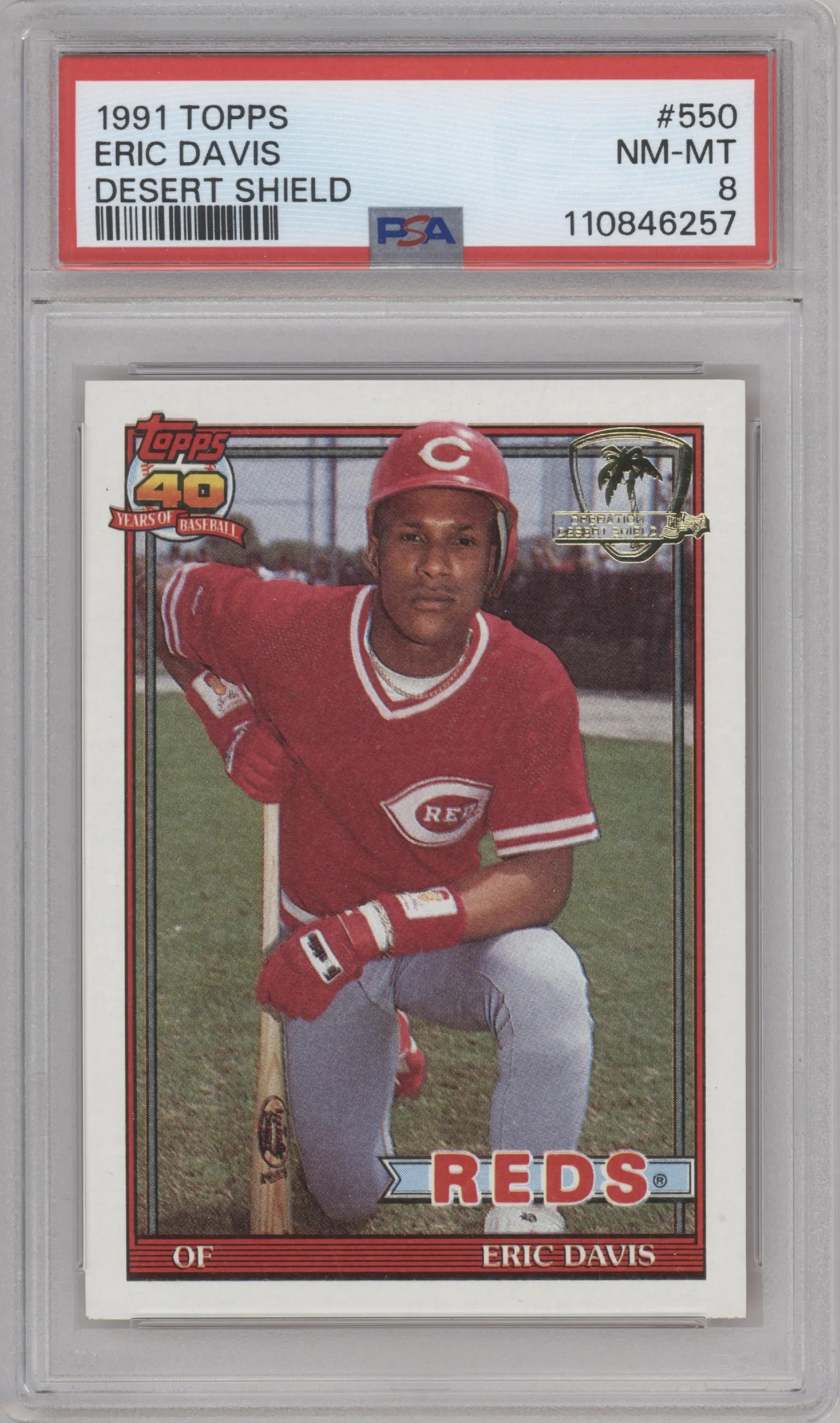 Eric Davis from the 1991 Topps set featuring a Desert Shield parallel graded by PSA and given an overall grade of 8.