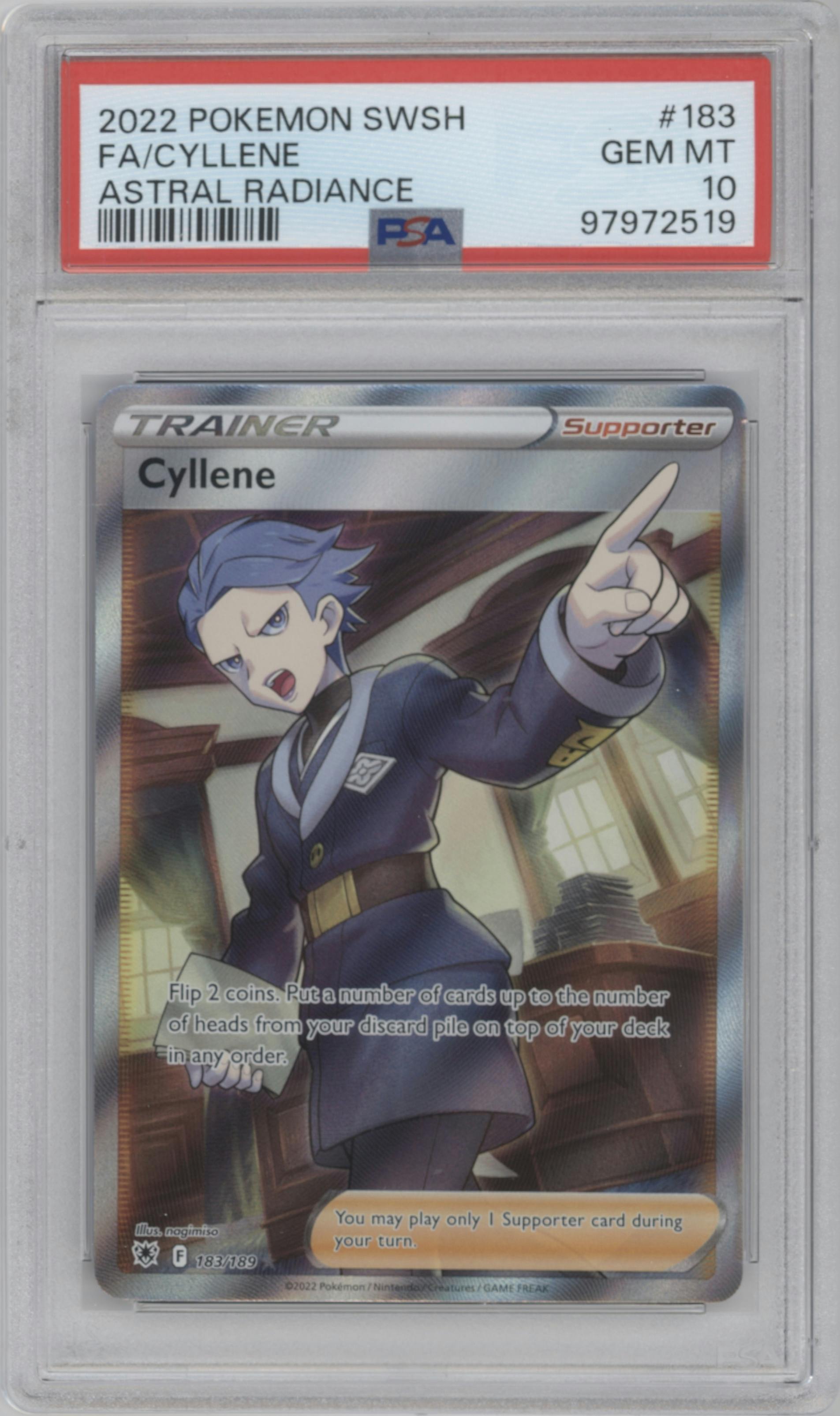 Cyllene from the 2022 Pokemon SWSH set graded by PSA and given an overall grade of 10.