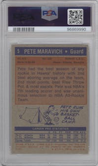 Pete Maravich from the 1972-73 Topps Basketball set graded by PSA and given an overall grade of 6.