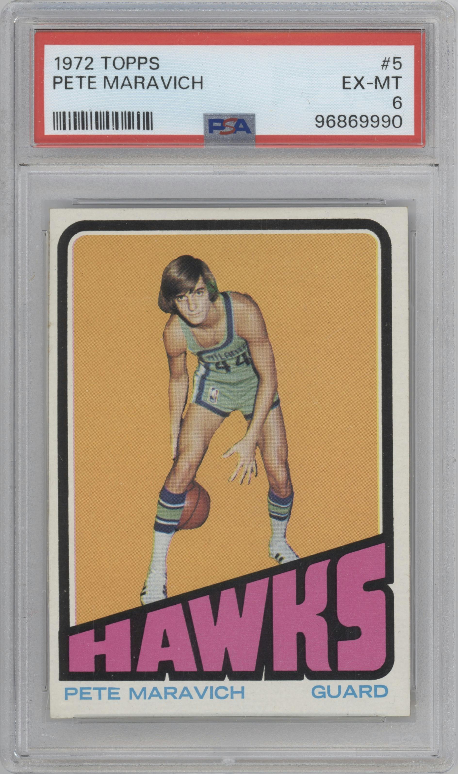 Pete Maravich from the 1972-73 Topps Basketball set graded by PSA and given an overall grade of 6.
