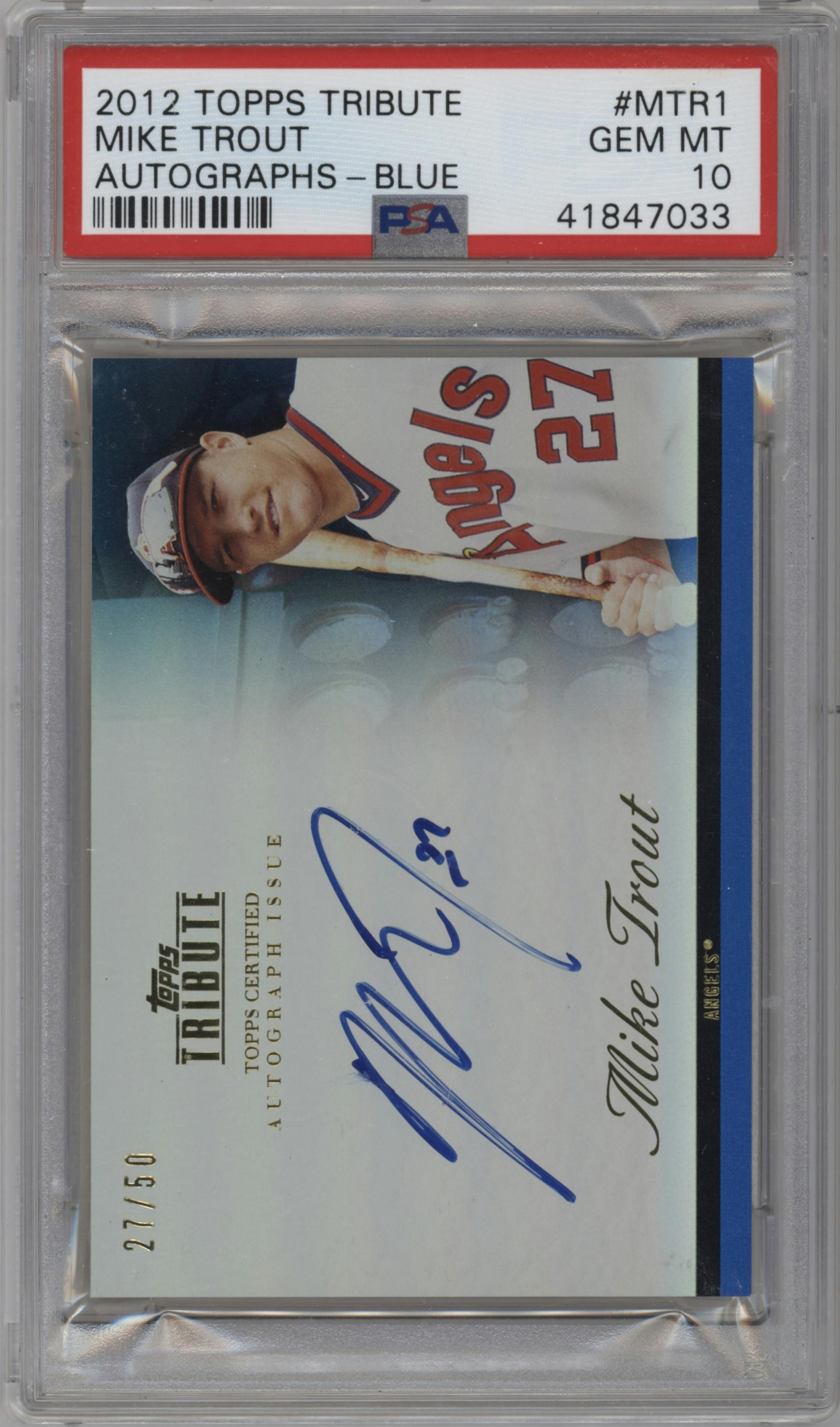 Mike Trout from the 2012 Topps Tribute set featuring a Blue parallel graded by PSA and given an overall grade of 10.