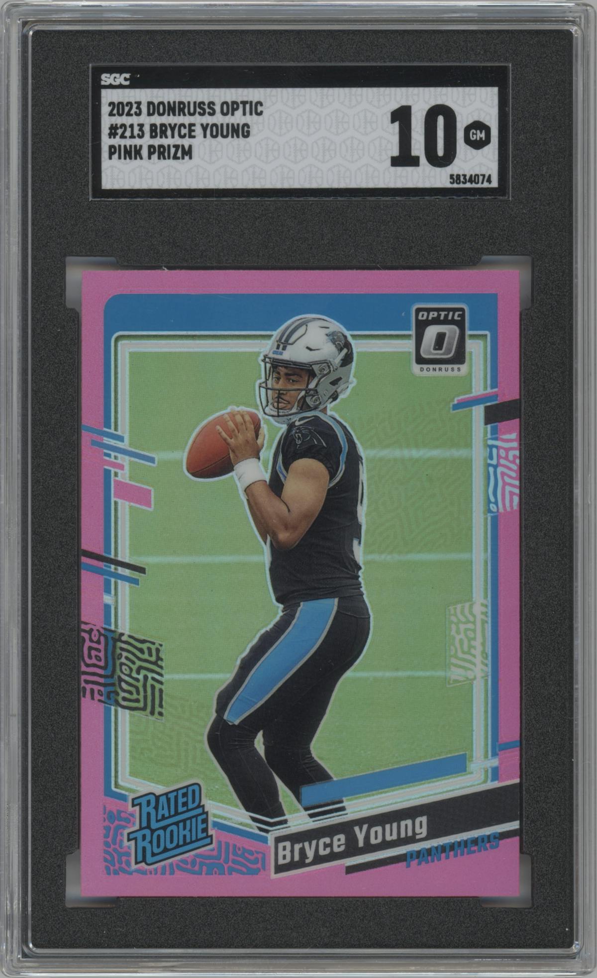 Bryce Young from the 2023 Donruss Optic set featuring a Pink parallel graded by SGC and given an overall grade of 10.